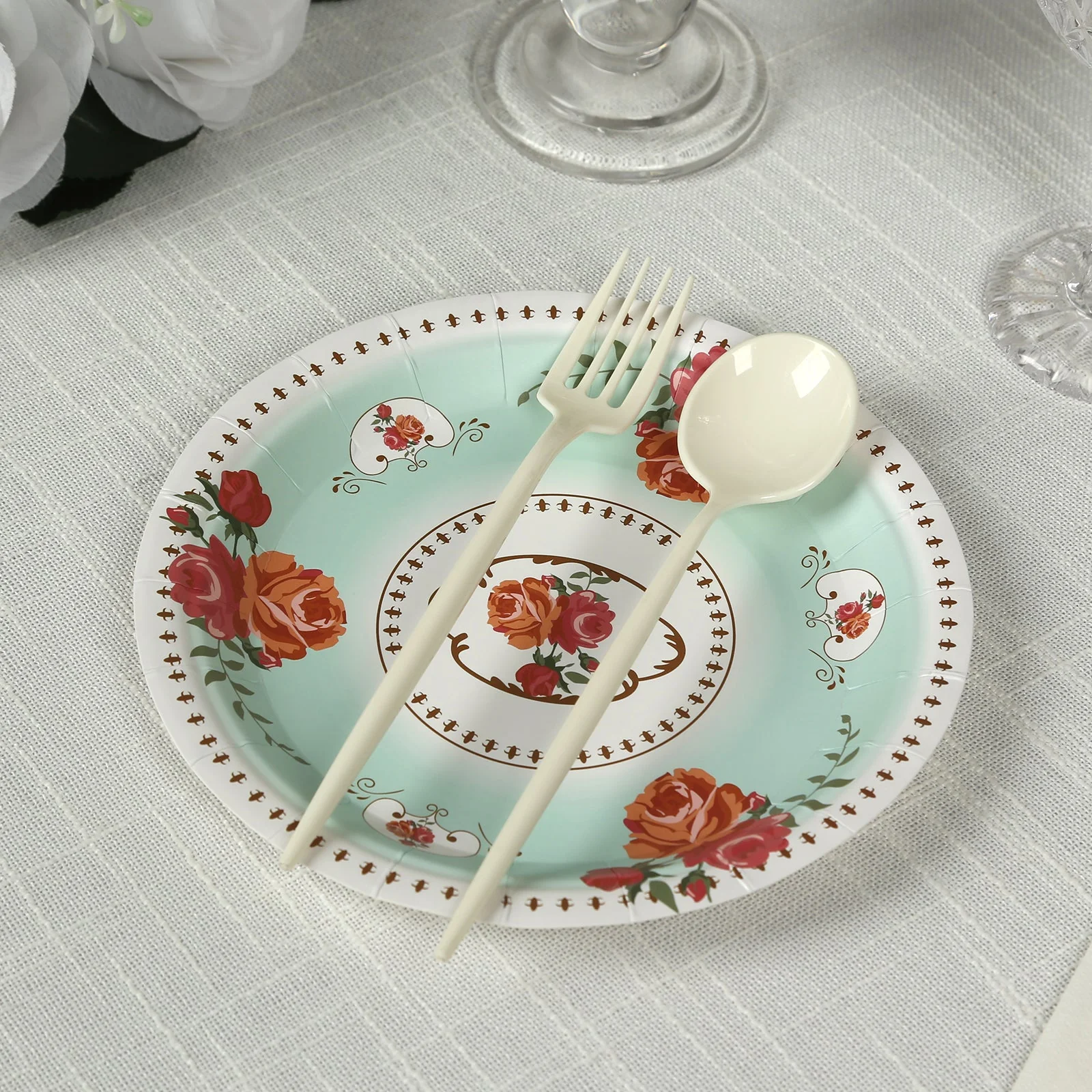 25-Pack Paper Round Dessert Plates 7" Light Turquoise with Vintage Rose Flower Print - Disposable Appetizer Salad Plates for High Tea Gatherings & Romantic Celebrations - Image 5
