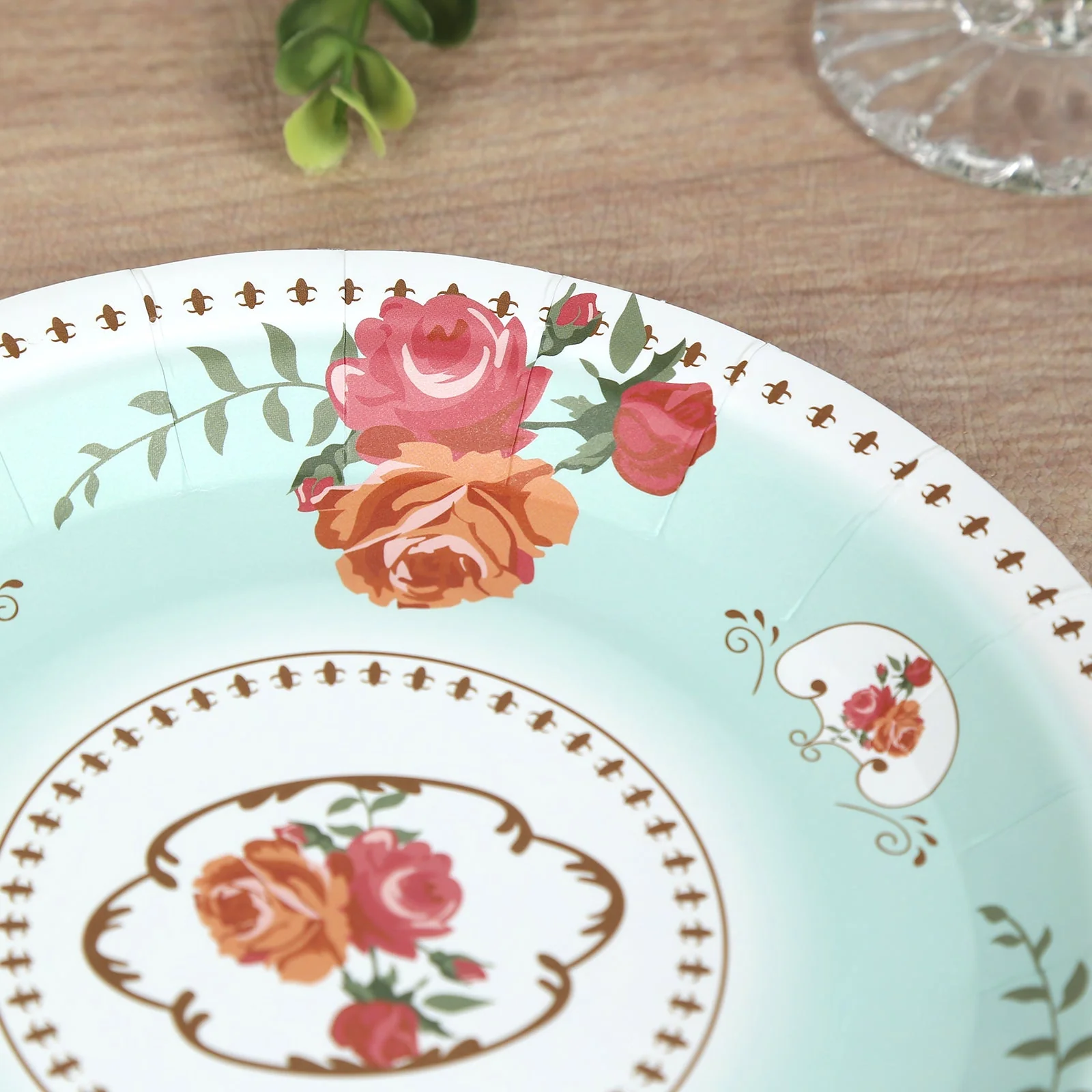 25-Pack Paper Round Dessert Plates 7" Light Turquoise with Vintage Rose Flower Print - Disposable Appetizer Salad Plates for High Tea Gatherings & Romantic Celebrations - Image 7