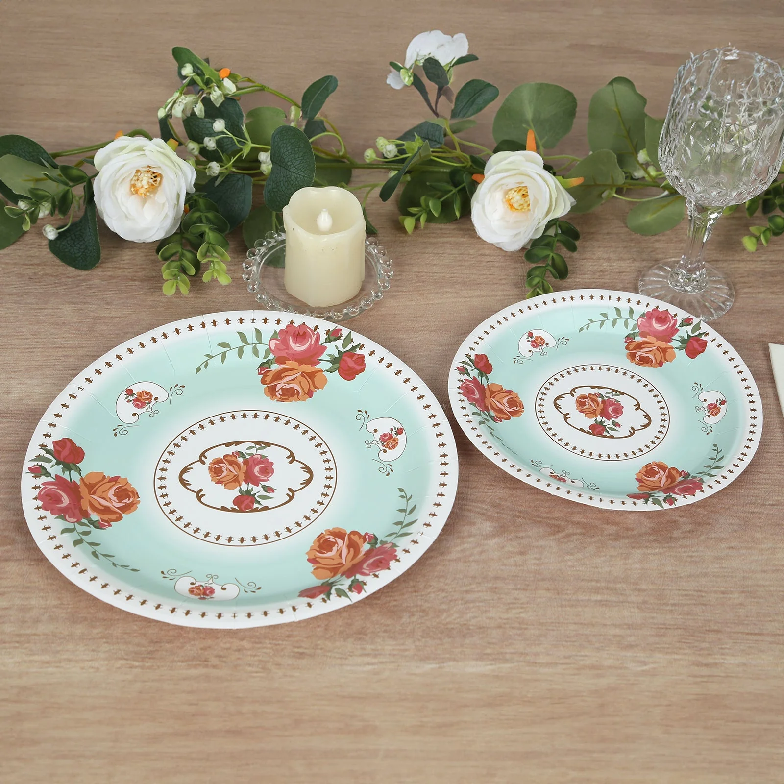 25-Pack Paper Round Dessert Plates 7" Light Turquoise with Vintage Rose Flower Print - Disposable Appetizer Salad Plates for High Tea Gatherings & Romantic Celebrations - Image 8
