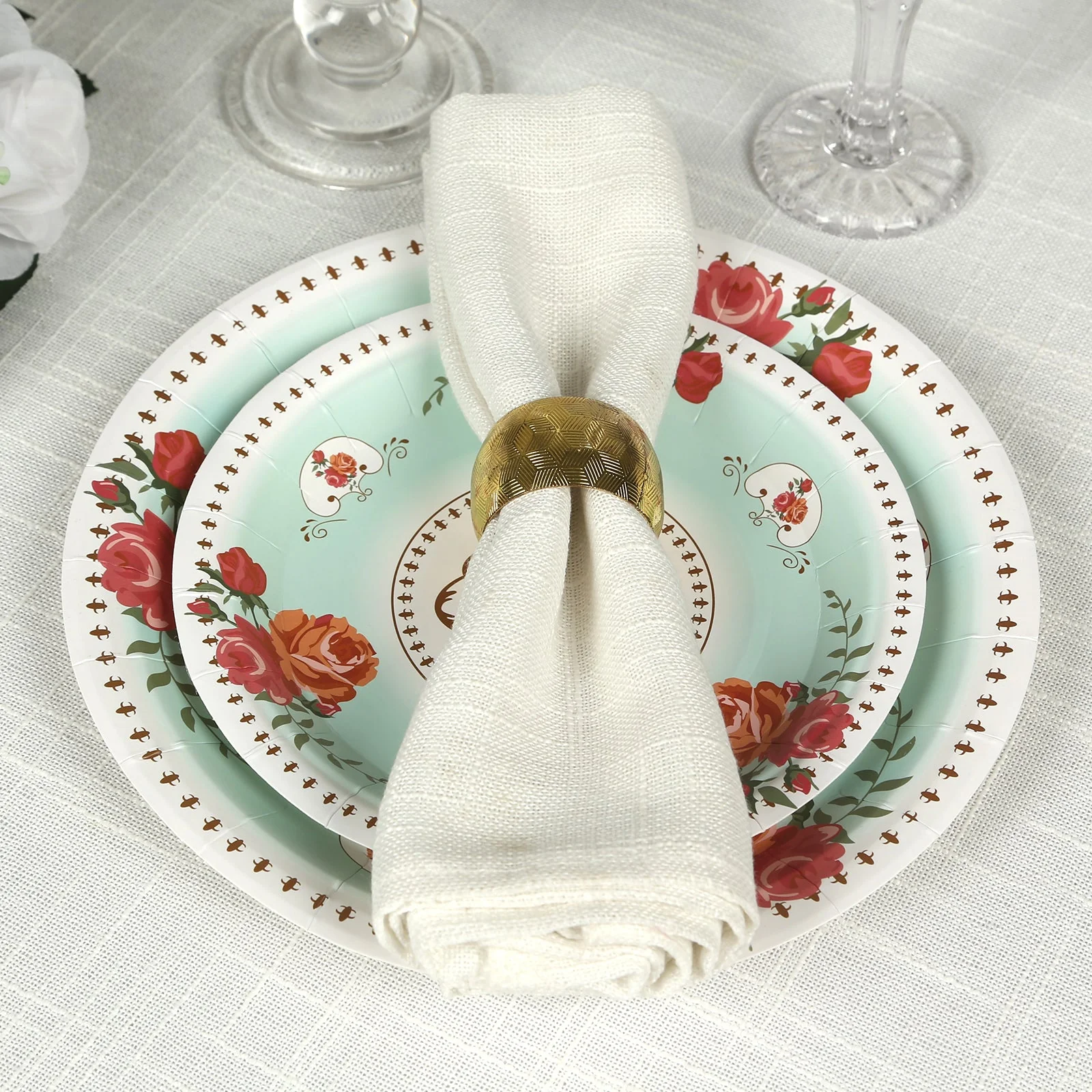 25-Pack Paper Round Dessert Plates 7" Light Turquoise with Vintage Rose Flower Print - Disposable Appetizer Salad Plates for High Tea Gatherings & Romantic Celebrations - Image 9