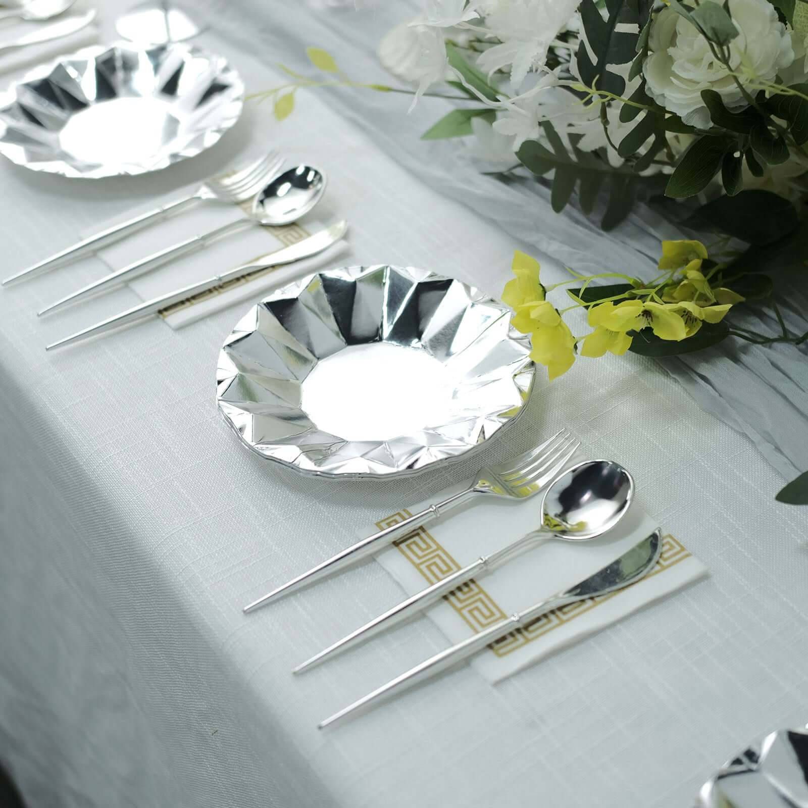 25-Pack Paper Round Dessert Plates 7" Metallic Silver with Geometric Prism Rim - 400GSM Disposable Appetizer Salad Plates - Image 7
