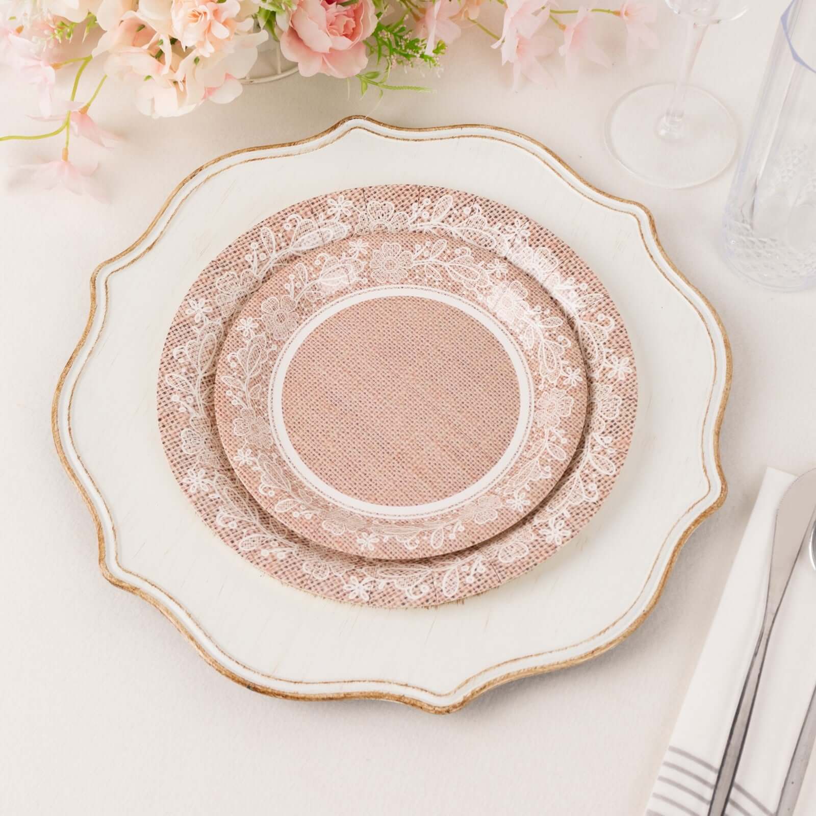 25-Pack Paper Round Dessert Plates 7" Natural Burlap Print with Floral Lace Rim - Disposable Rustic Appetizer Salad Plates for Farmhouse Themes & Celebrations - Image 2
