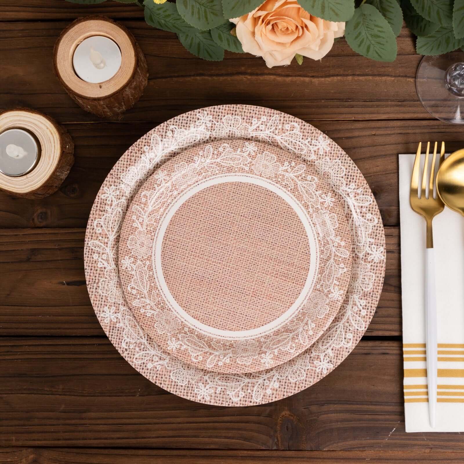 25-Pack Paper Round Dessert Plates 7" Natural Burlap Print with Floral Lace Rim - Disposable Rustic Appetizer Salad Plates for Farmhouse Themes & Celebrations - Image 4
