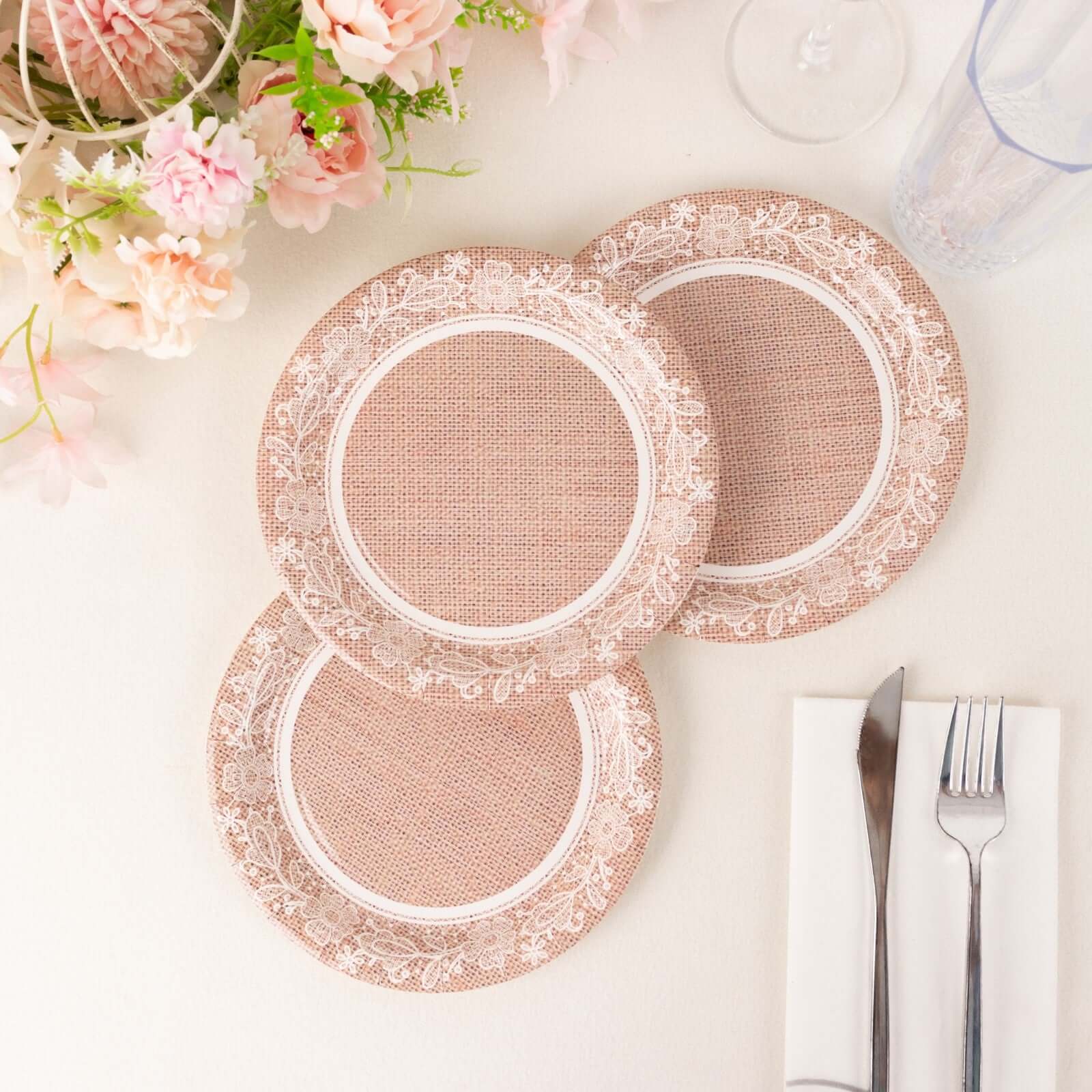 25-Pack Paper Round Dessert Plates 7" Natural Burlap Print with Floral Lace Rim - Disposable Rustic Appetizer Salad Plates for Farmhouse Themes & Celebrations - Image 5