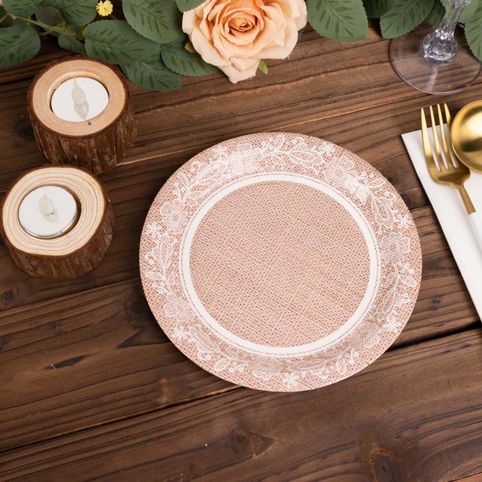 25-Pack Paper Round Dessert Plates 7" Natural Burlap Print with Floral Lace Rim - Disposable Rustic Appetizer Salad Plates for Farmhouse Themes & Celebrations - Image 7