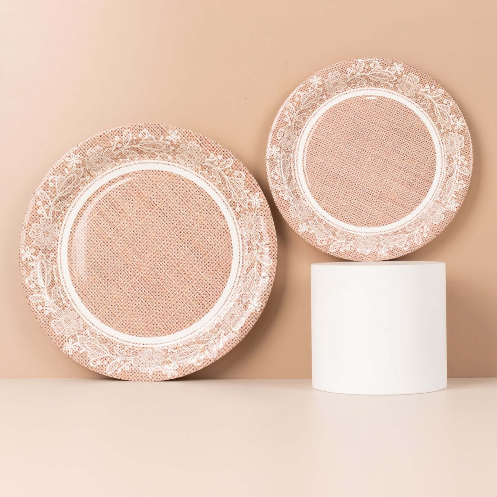 25-Pack Paper Round Dessert Plates 7" Natural Burlap Print with Floral Lace Rim - Disposable Rustic Appetizer Salad Plates for Farmhouse Themes & Celebrations - Image 8