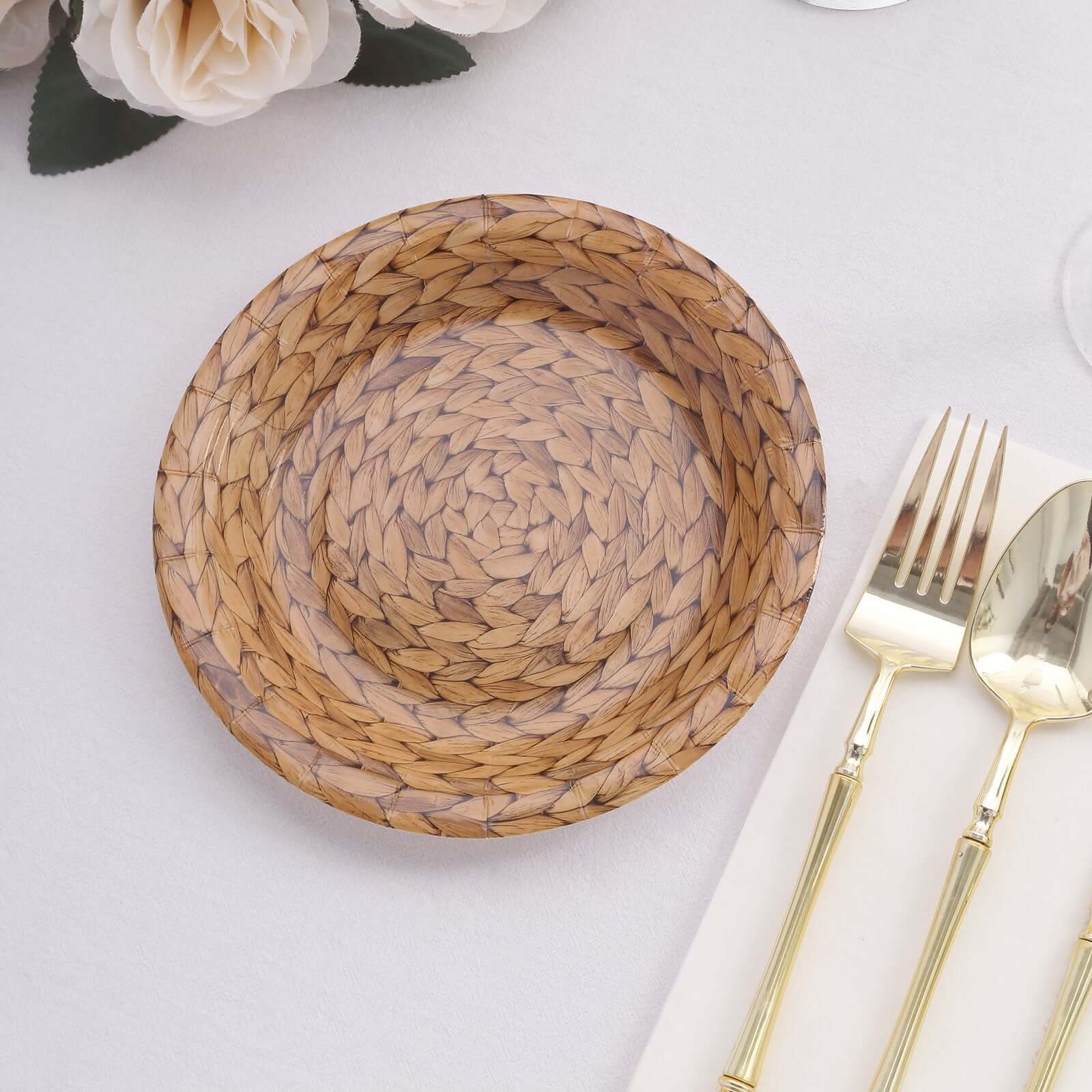 25-Pack Paper Round Dessert Plates 7" Natural with Woven Rattan Print - 300GSM Rustic Farmhouse Disposable Appetizer Salad Plates for Country Chic Celebrations - Image 5