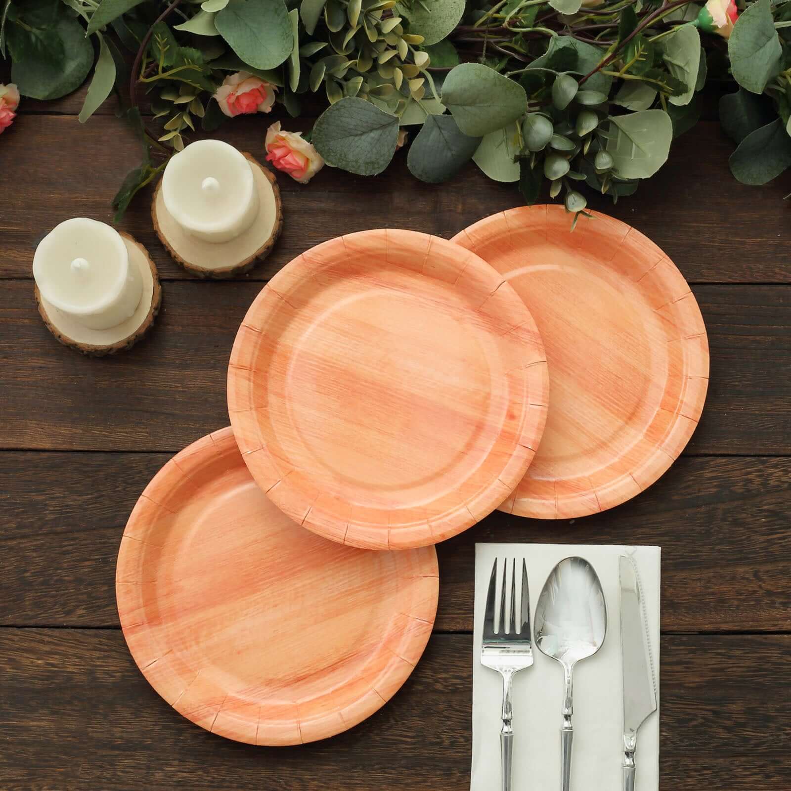 25-Pack Paper Round Dessert Plates 7" Natural Wood Grain Print - Rustic Farmhouse Style Disposable Appetizer Salad Plates - Image 9