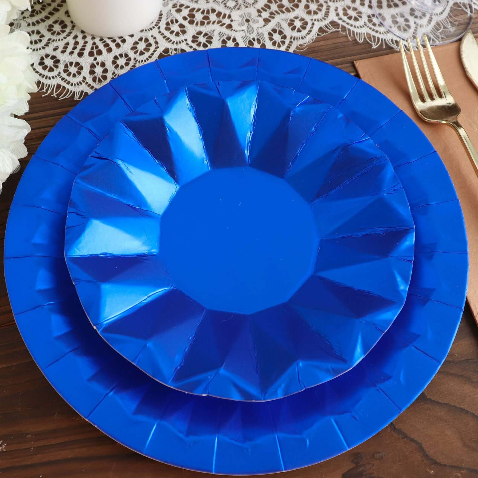 25-Pack Paper Round Dessert Plates 7" Royal Blue with Geometric Prism Rim - 400GSM Disposable Appetizer Salad Plates - Image 12