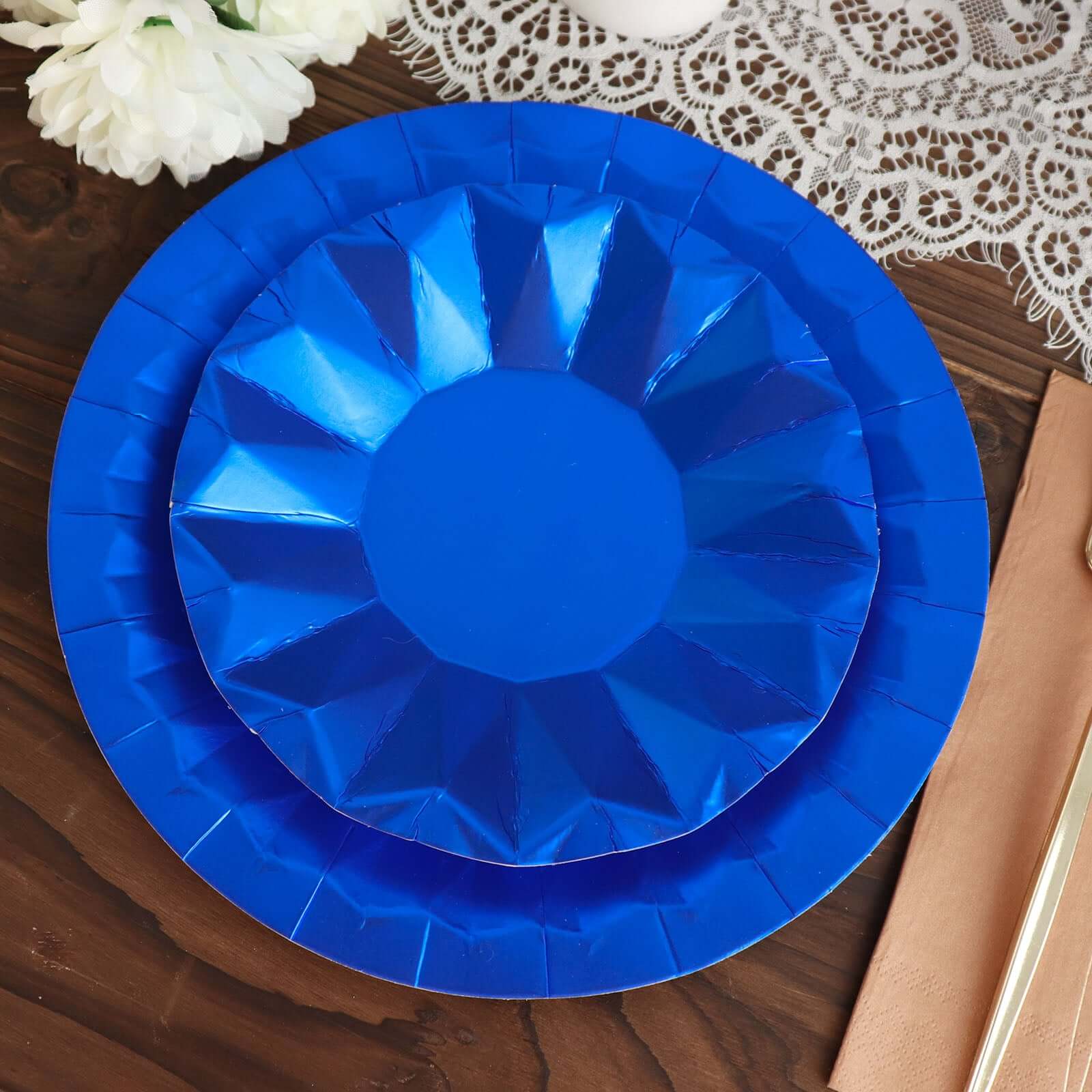 25-Pack Paper Round Dessert Plates 7" Royal Blue with Geometric Prism Rim - 400GSM Disposable Appetizer Salad Plates - Image 13