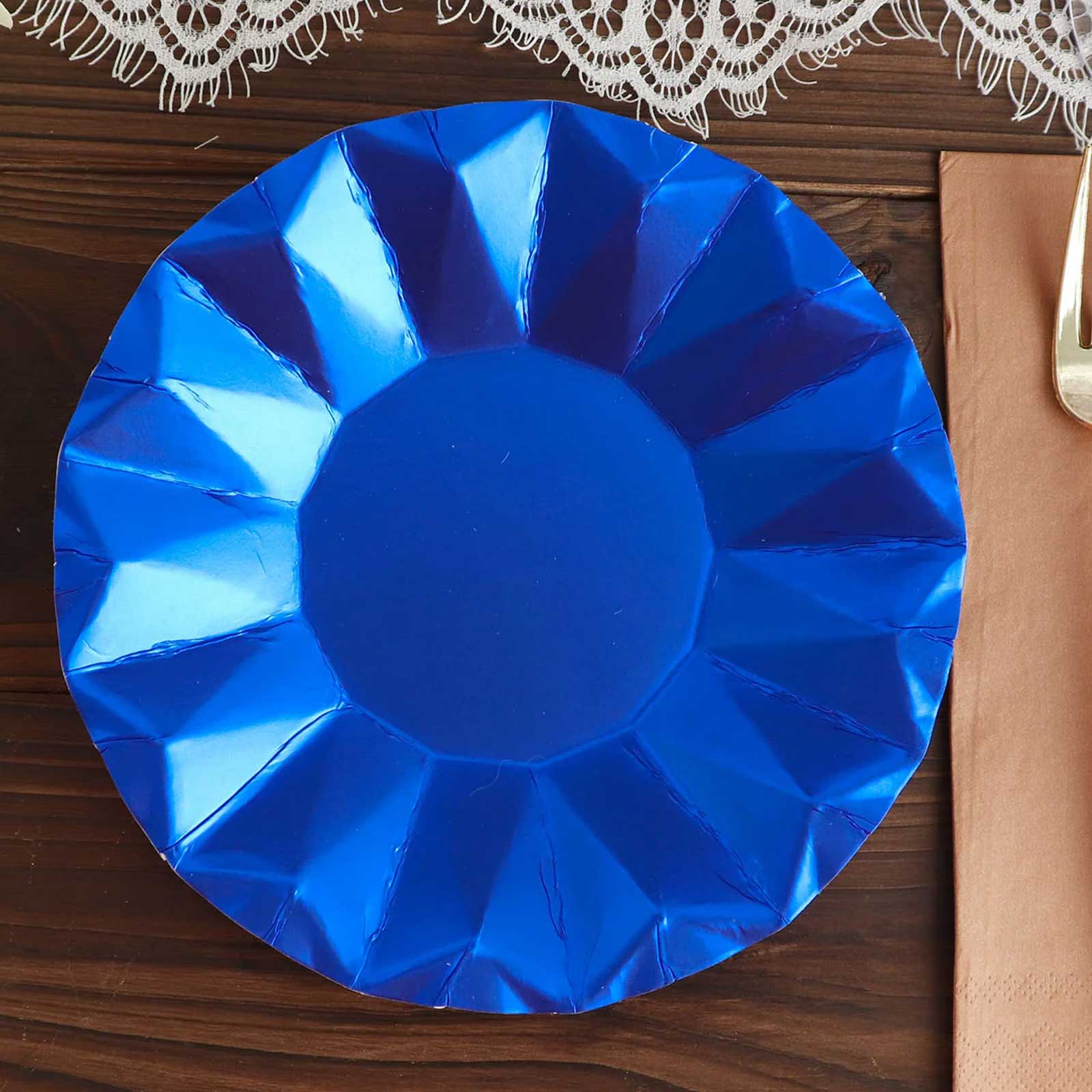 25-Pack Paper Round Dessert Plates 7" Royal Blue with Geometric Prism Rim - 400GSM Disposable Appetizer Salad Plates - Image 5