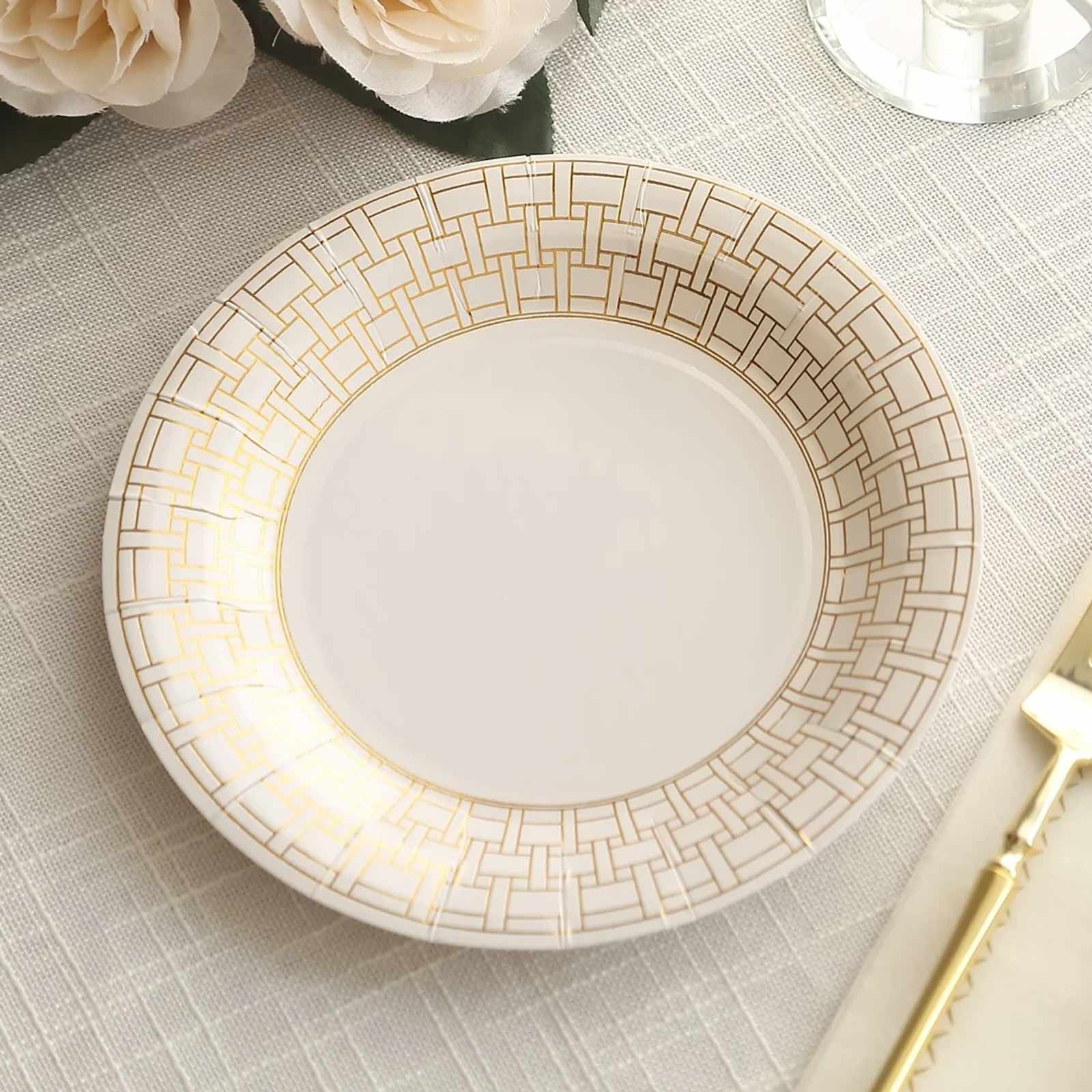 25-Pack Paper Round Dessert Plates 7" White with Gold Basketweave Rim - Disposable Appetizer Salad Plates for Stylish Soirées & Festive Brunches