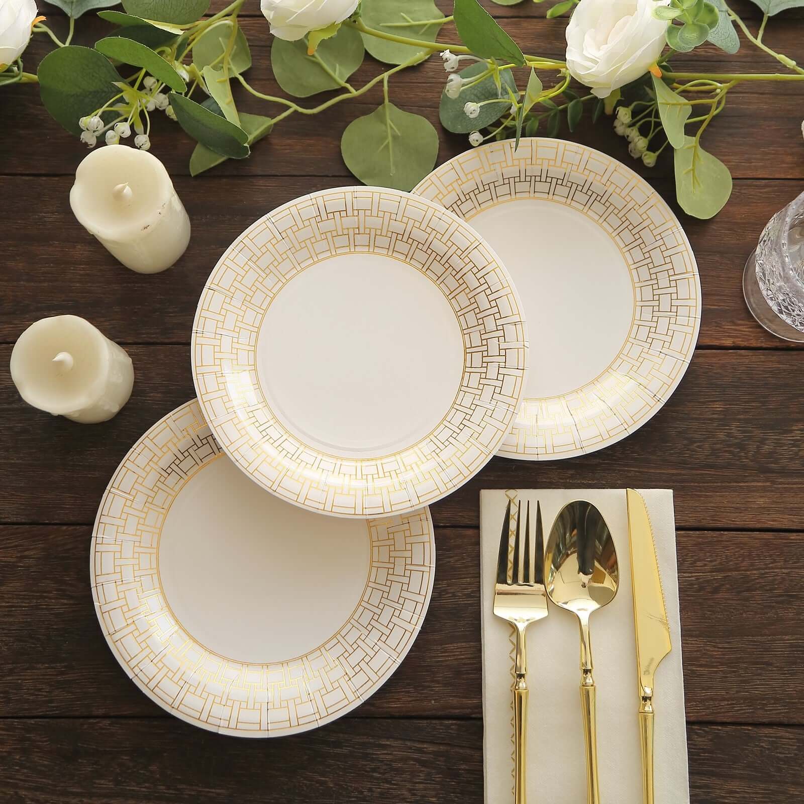 25-Pack Paper Round Dessert Plates 7" White with Gold Basketweave Rim - Disposable Appetizer Salad Plates for Stylish Soirées & Festive Brunches - Image 5