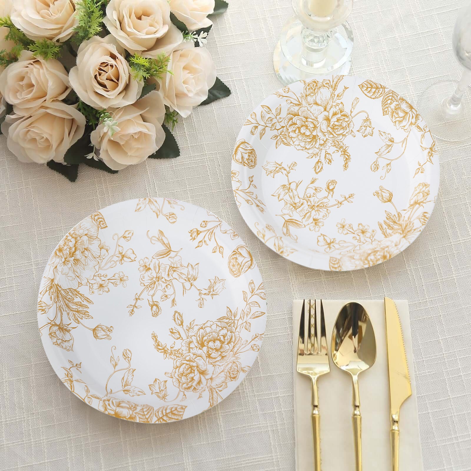 25-Pack Paper Round Dessert Plates 7" White with Gold French Toile Pattern - Disposable Floral Salad Appetizer Plates for Classy Event Decor