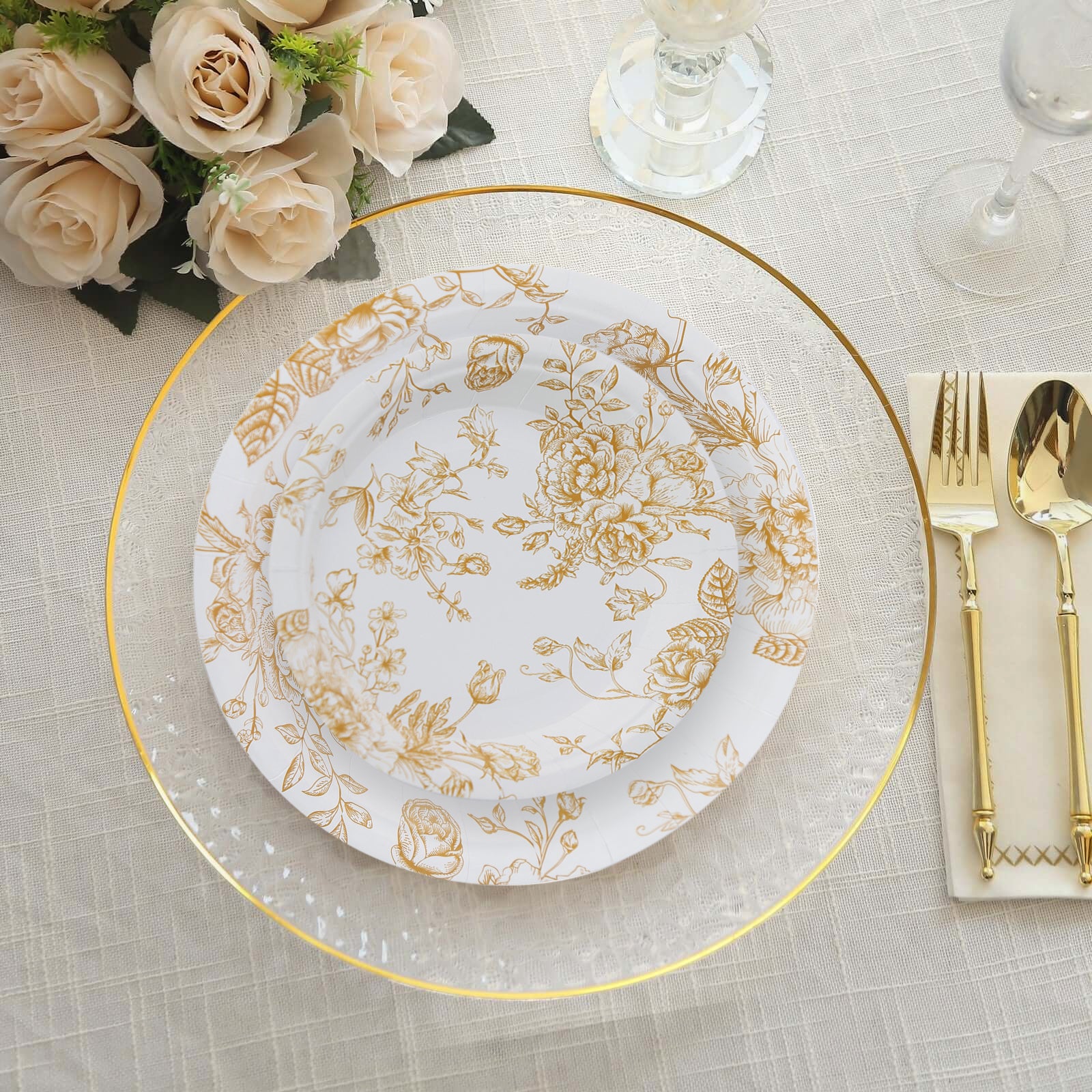 25-Pack Paper Round Dessert Plates 7" White with Gold French Toile Pattern - Disposable Floral Salad Appetizer Plates for Classy Event Decor - Image 10