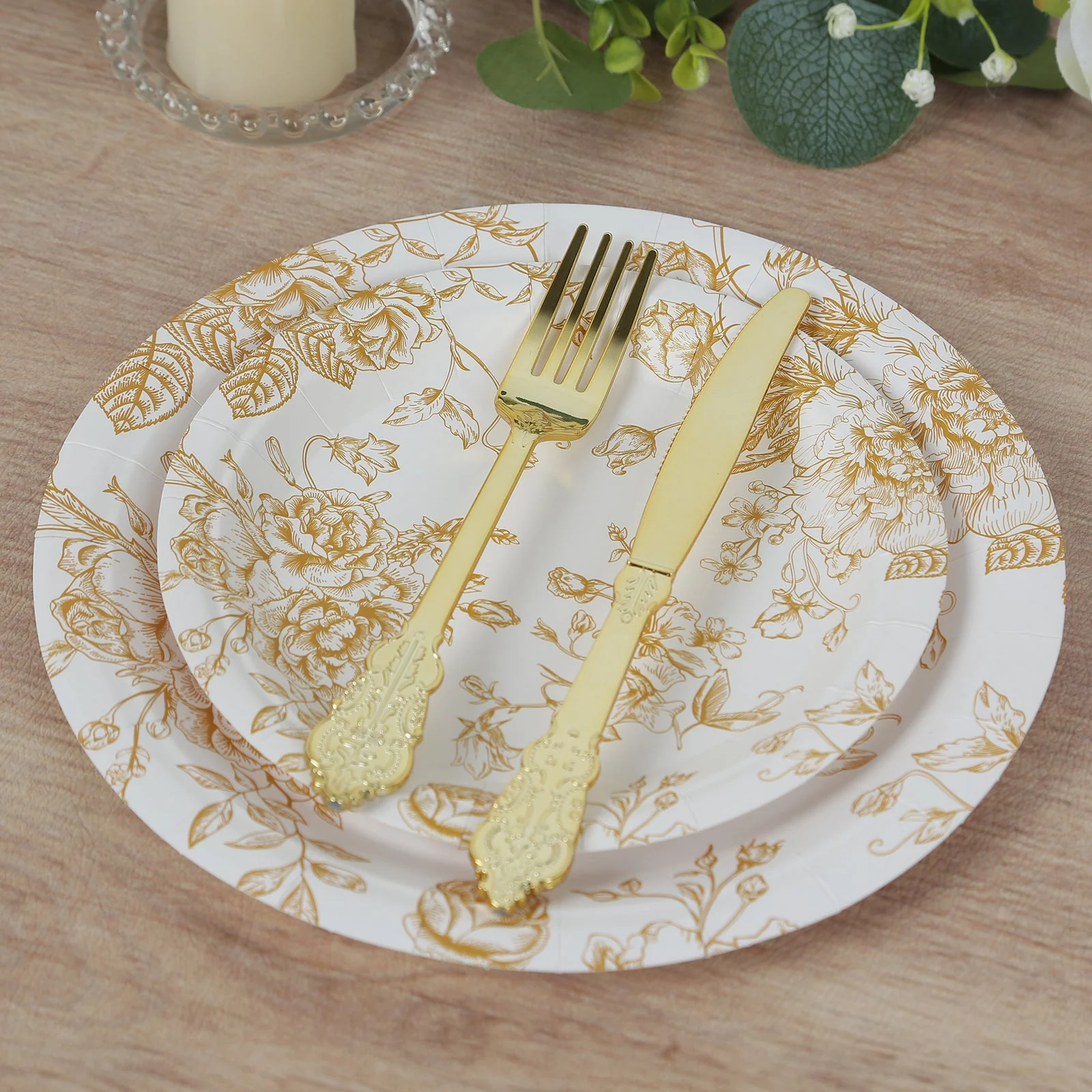 25-Pack Paper Round Dessert Plates 7" White with Gold French Toile Pattern - Disposable Floral Salad Appetizer Plates for Classy Event Decor - Image 11