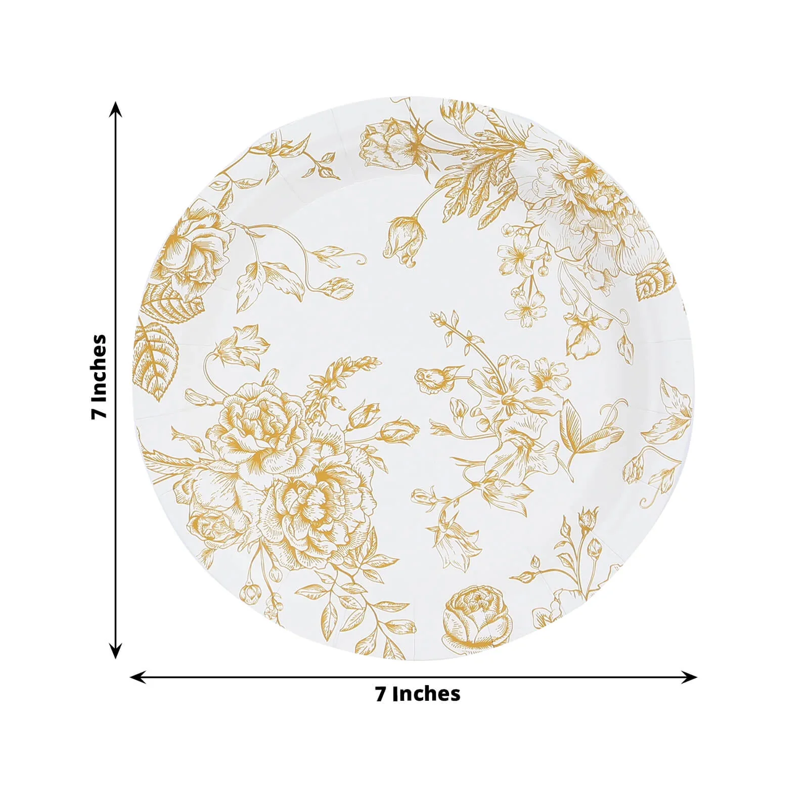 25-Pack Paper Round Dessert Plates 7" White with Gold French Toile Pattern - Disposable Floral Salad Appetizer Plates for Classy Event Decor - Image 2
