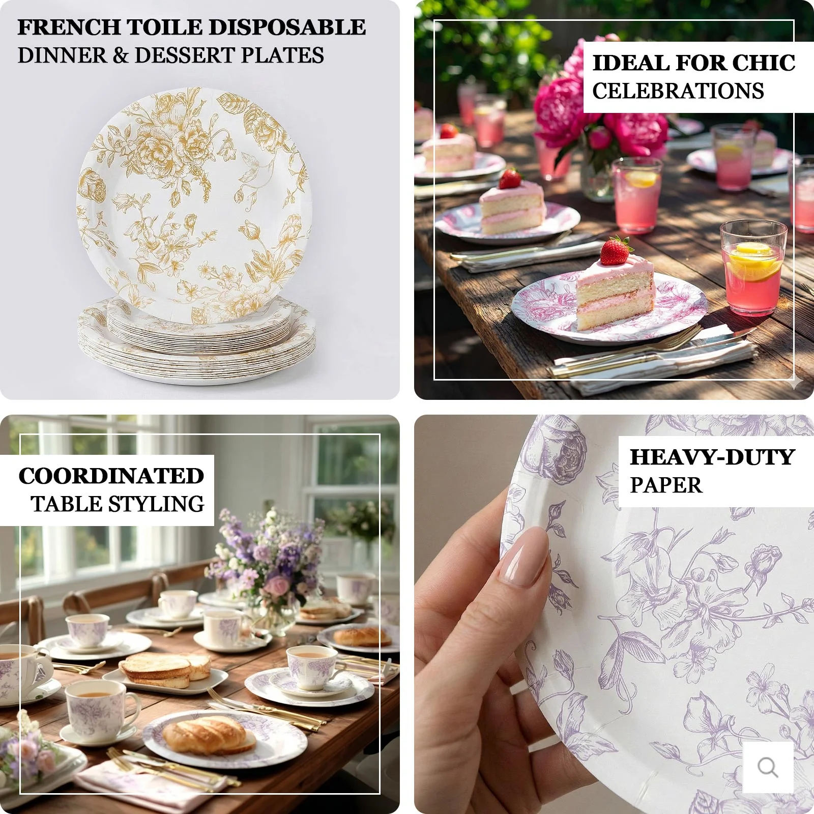 25-Pack Paper Round Dessert Plates 7" White with Gold French Toile Pattern - Disposable Floral Salad Appetizer Plates for Classy Event Decor - Image 3