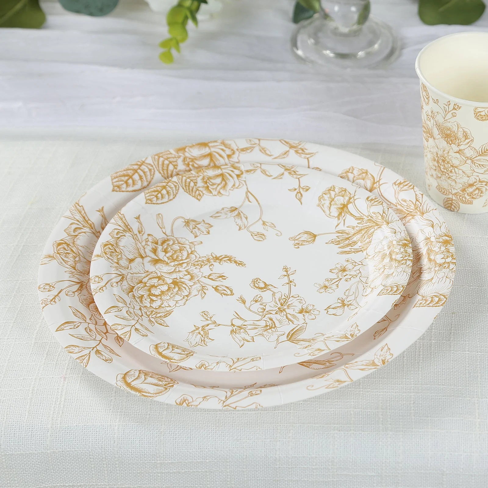 25-Pack Paper Round Dessert Plates 7" White with Gold French Toile Pattern - Disposable Floral Salad Appetizer Plates for Classy Event Decor - Image 5