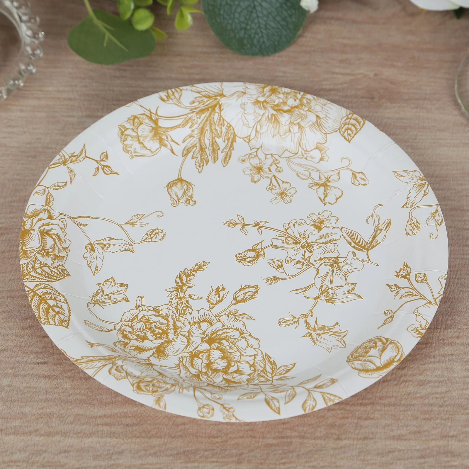 25-Pack Paper Round Dessert Plates 7" White with Gold French Toile Pattern - Disposable Floral Salad Appetizer Plates for Classy Event Decor - Image 9