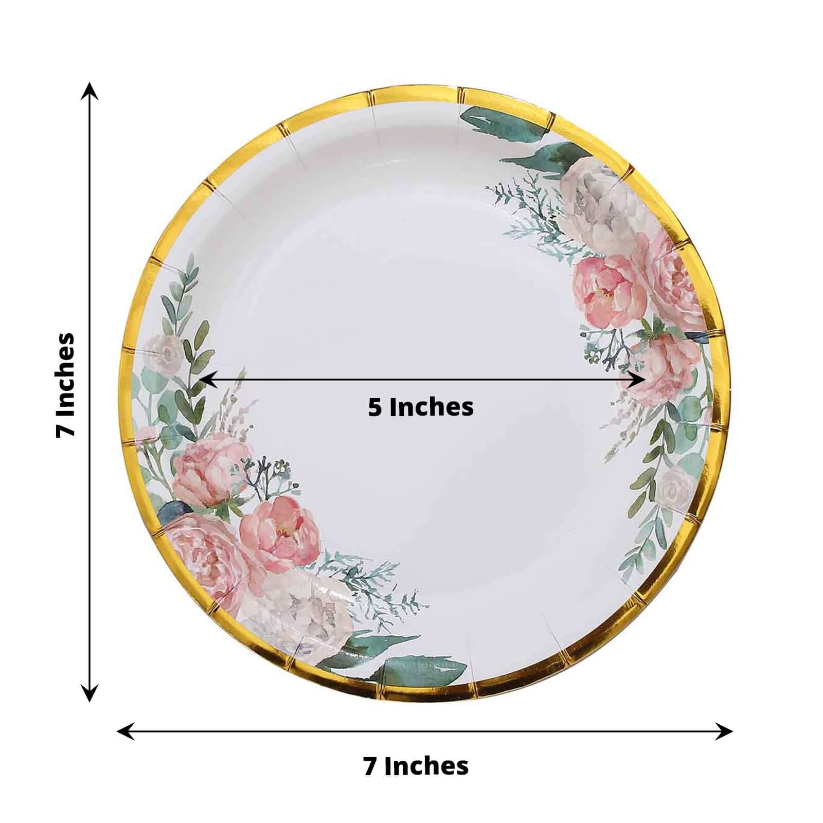 25-Pack Paper Round Dessert Plates 7" White with Peony Floral Design & Gold Rim - Disposable Salad Appetizer Plates for Garden Parties & Baby Showers - Image 3