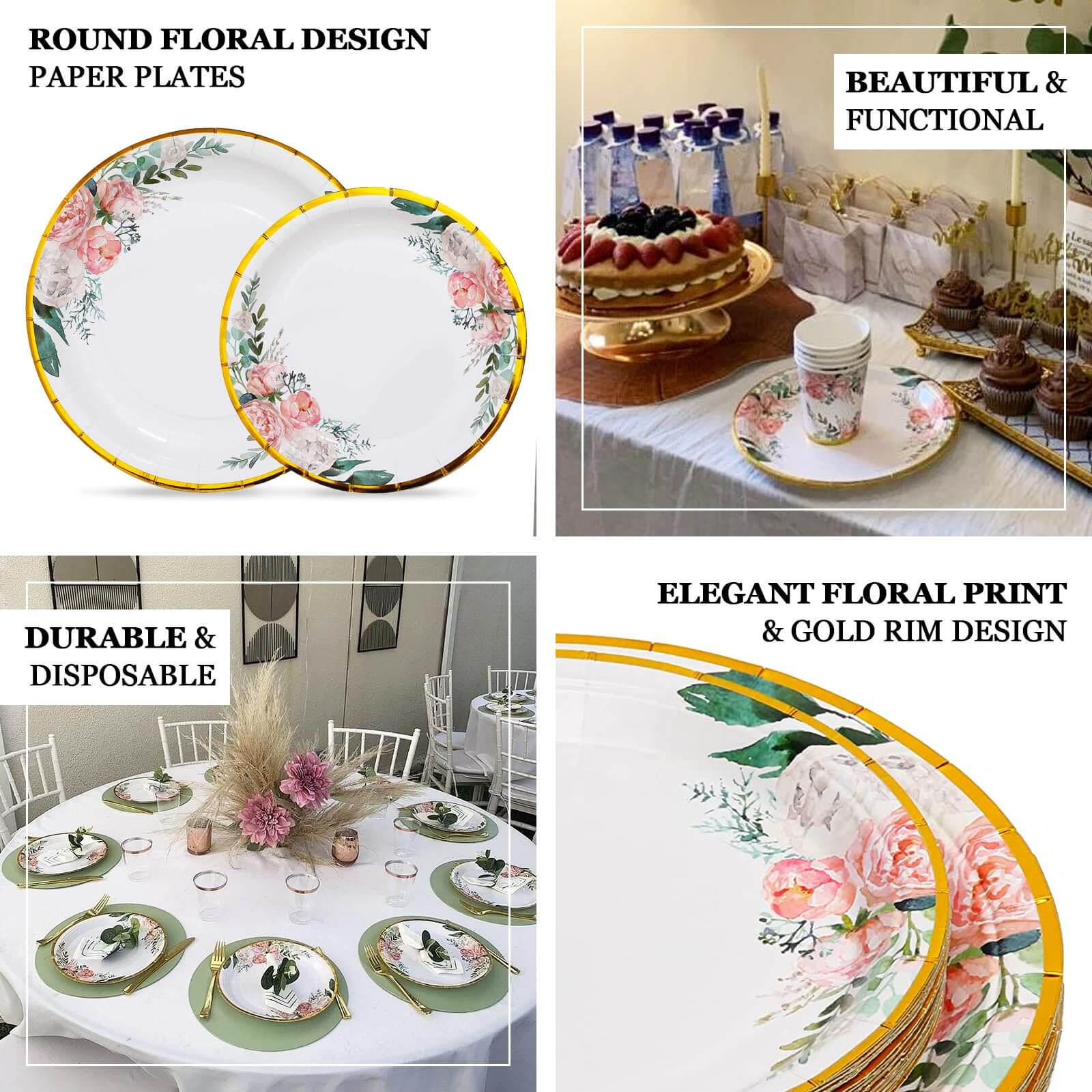 25-Pack Paper Round Dessert Plates 7" White with Peony Floral Design & Gold Rim - Disposable Salad Appetizer Plates for Garden Parties & Baby Showers - Image 4