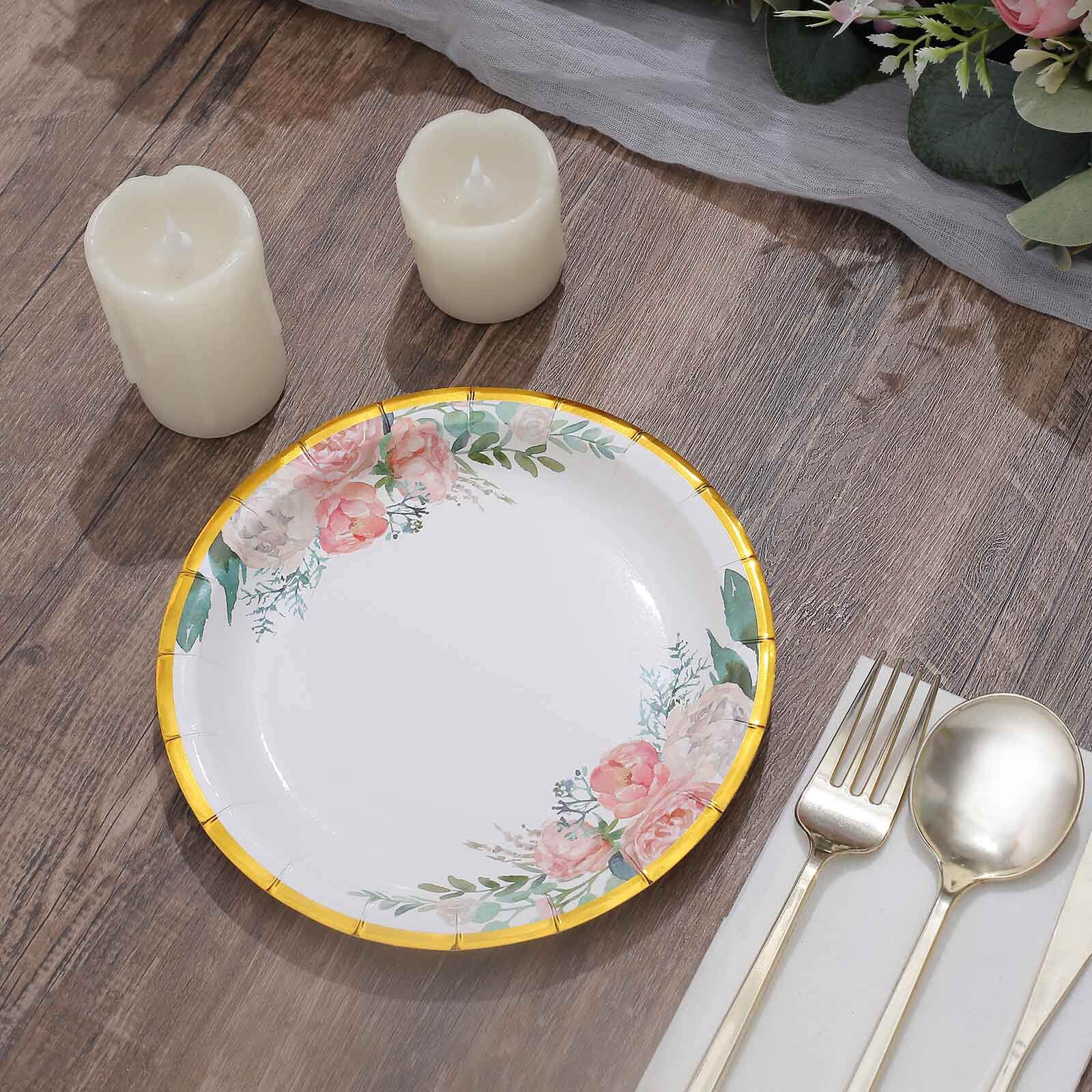25-Pack Paper Round Dessert Plates 7" White with Peony Floral Design & Gold Rim - Disposable Salad Appetizer Plates for Garden Parties & Baby Showers - Image 5