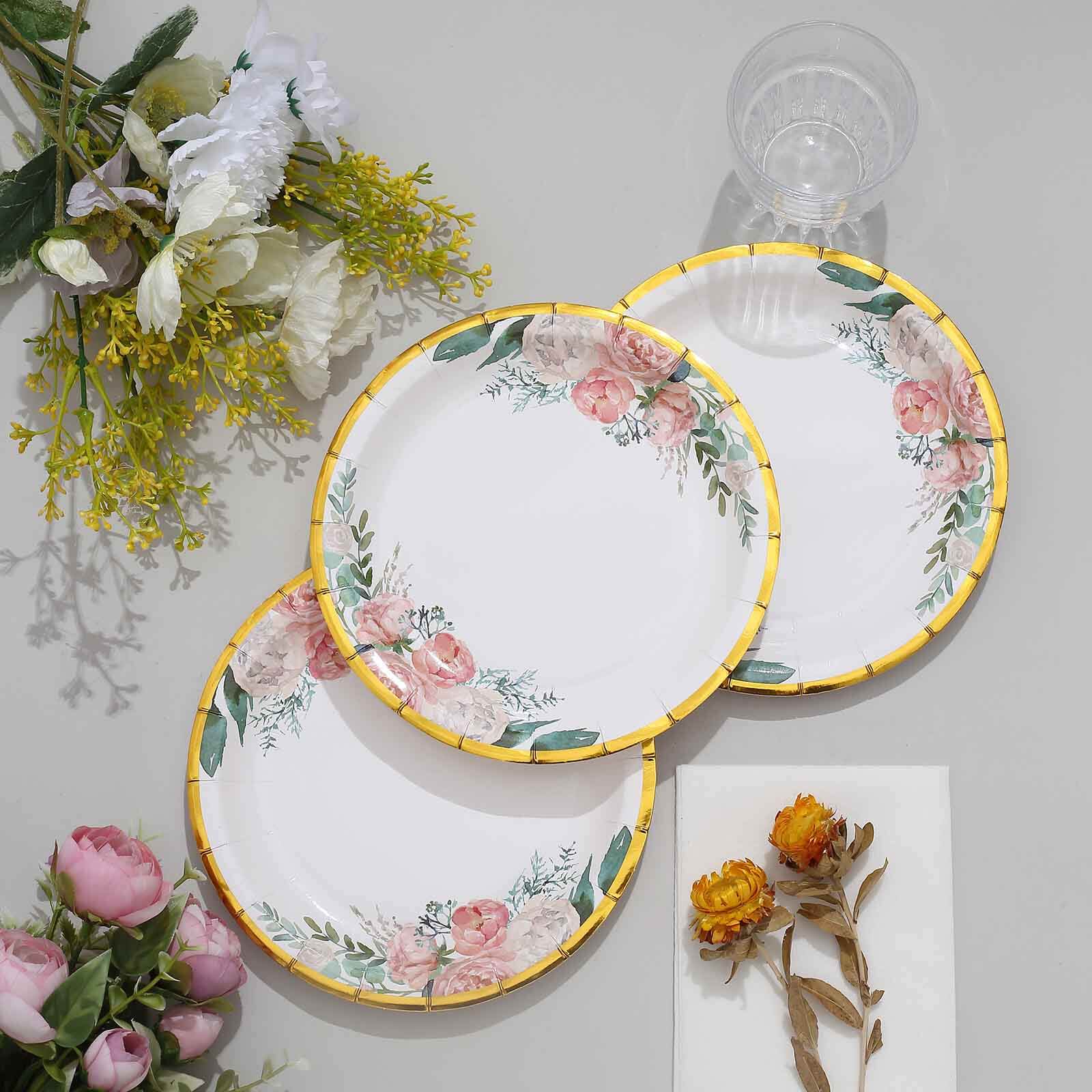 25-Pack Paper Round Dessert Plates 7" White with Peony Floral Design & Gold Rim - Disposable Salad Appetizer Plates for Garden Parties & Baby Showers - Image 8