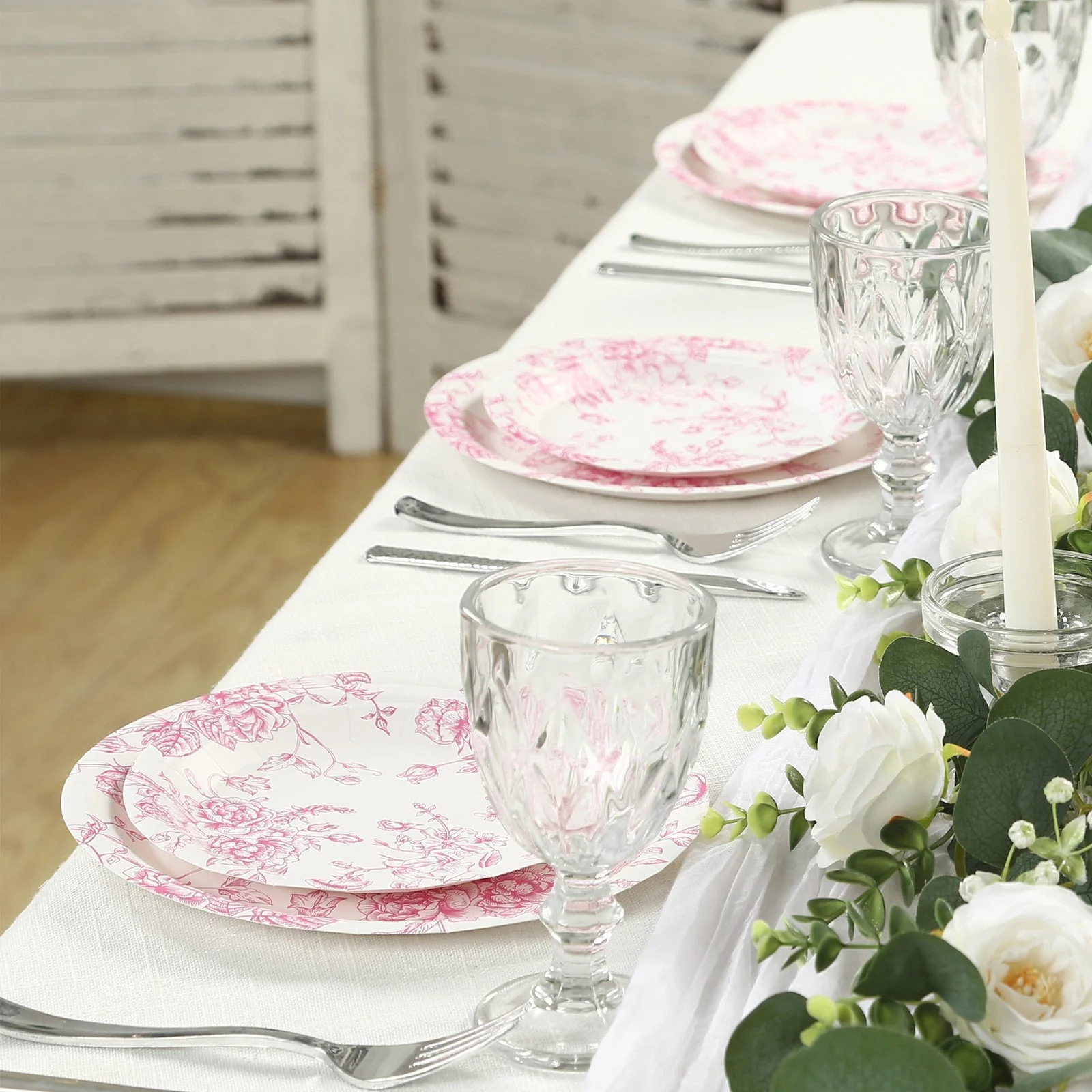 25-Pack Paper Round Dessert Plates 7" White with Pink French Toile Pattern - Disposable Floral Salad Appetizer Plates - Image 2