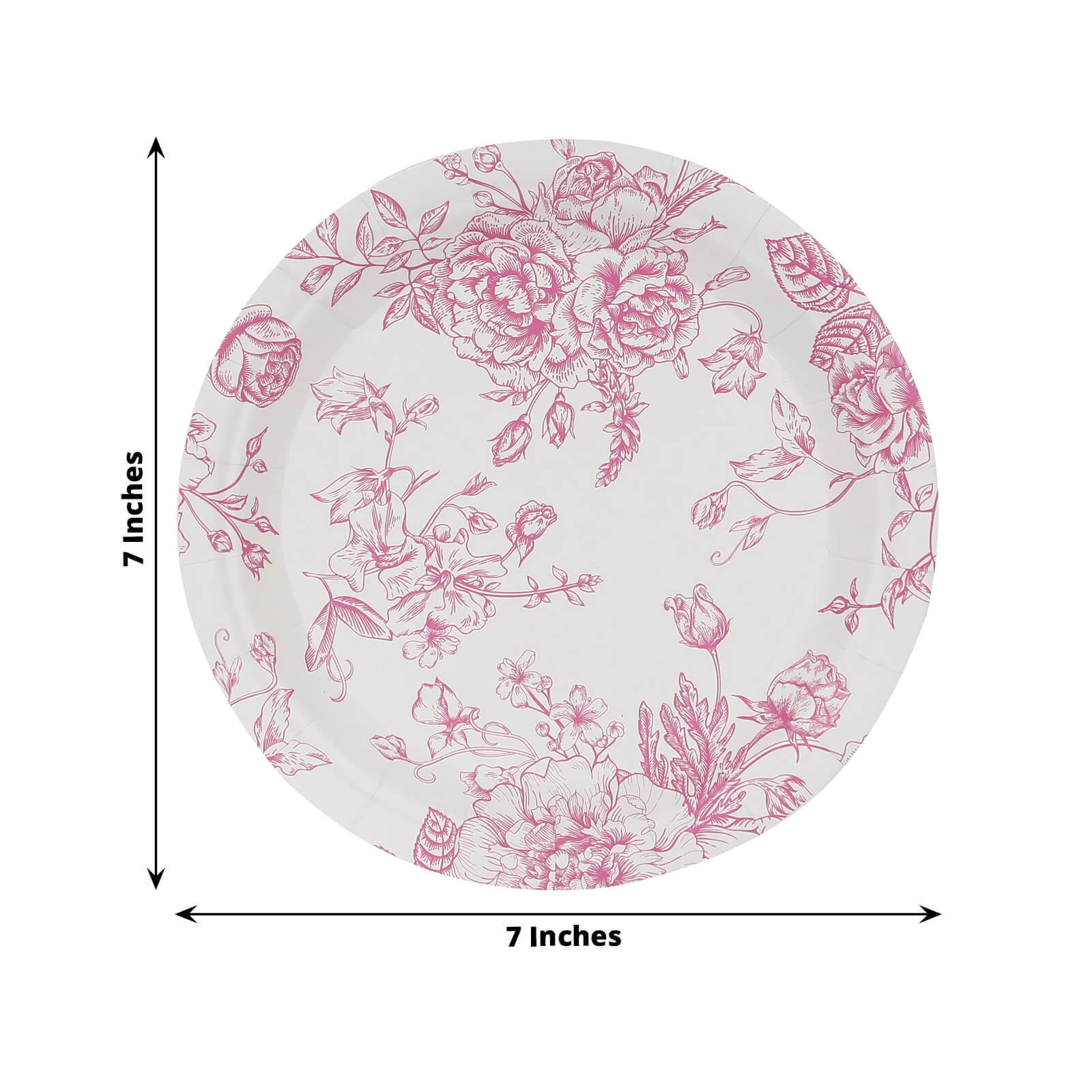 25-Pack Paper Round Dessert Plates 7" White with Pink French Toile Pattern - Disposable Floral Salad Appetizer Plates - Image 3