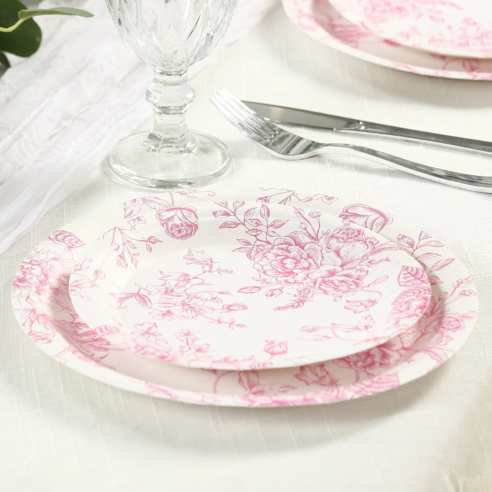 25-Pack Paper Round Dessert Plates 7" White with Pink French Toile Pattern - Disposable Floral Salad Appetizer Plates - Image 6