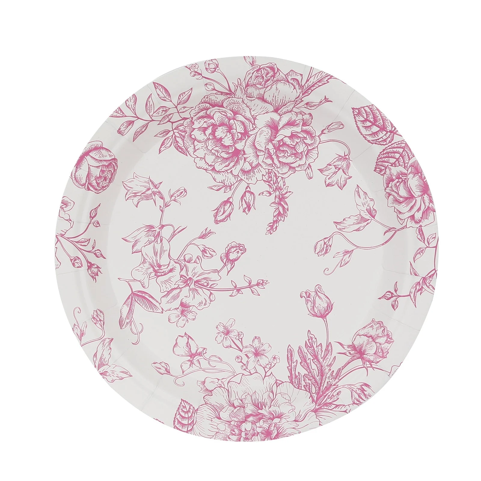 25-Pack Paper Round Dessert Plates 7" White with Pink French Toile Pattern - Disposable Floral Salad Appetizer Plates - Image 7