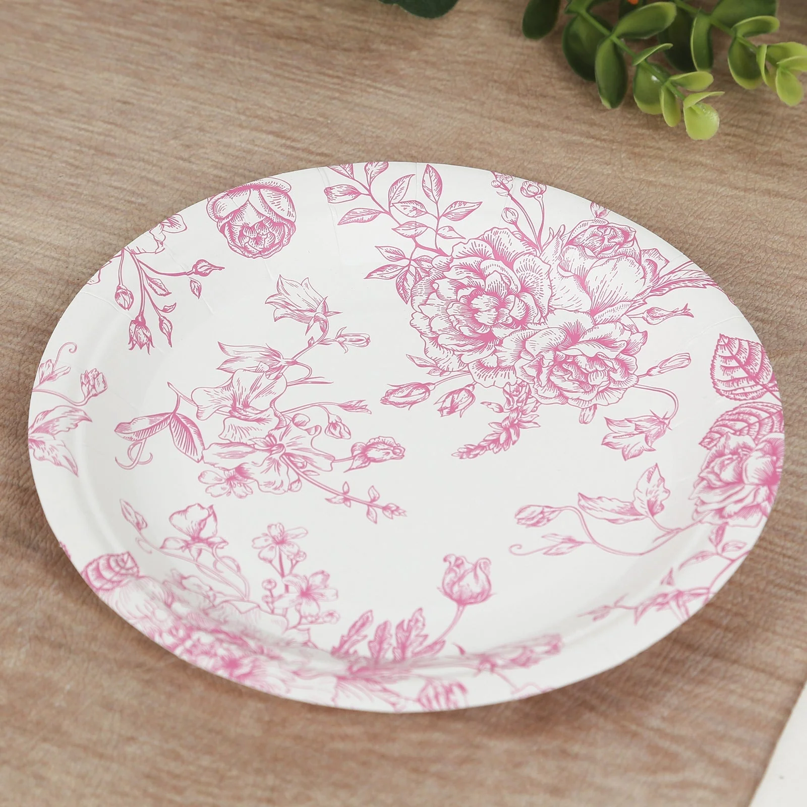 25-Pack Paper Round Dessert Plates 7" White with Pink French Toile Pattern - Disposable Floral Salad Appetizer Plates - Image 9