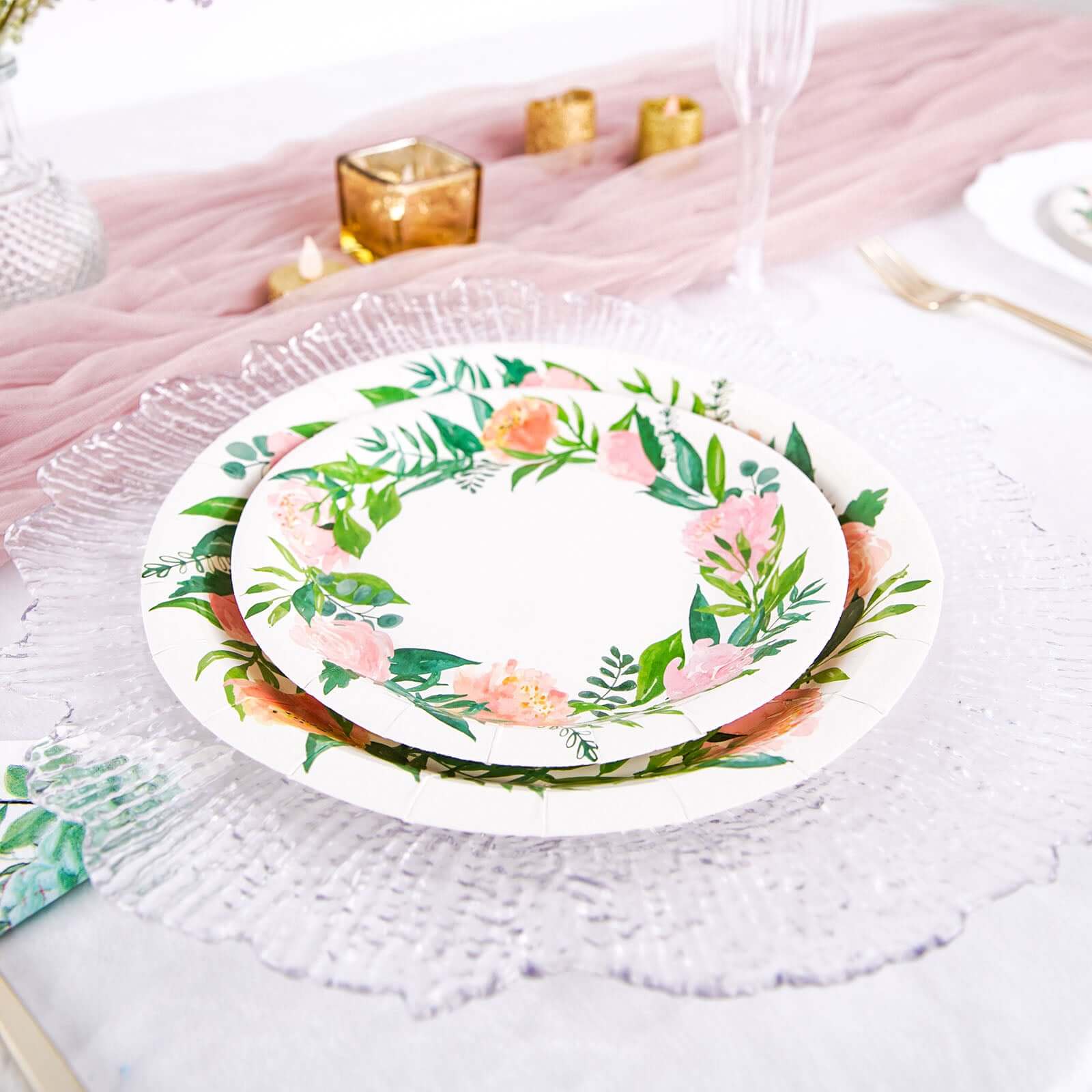 25-Pack Paper Round Dessert Plates 7" White with Rose/Peony Flower Wreath - Disposable Appetizer Salad Plates for Bridal Showers & Garden Parties - Image 10