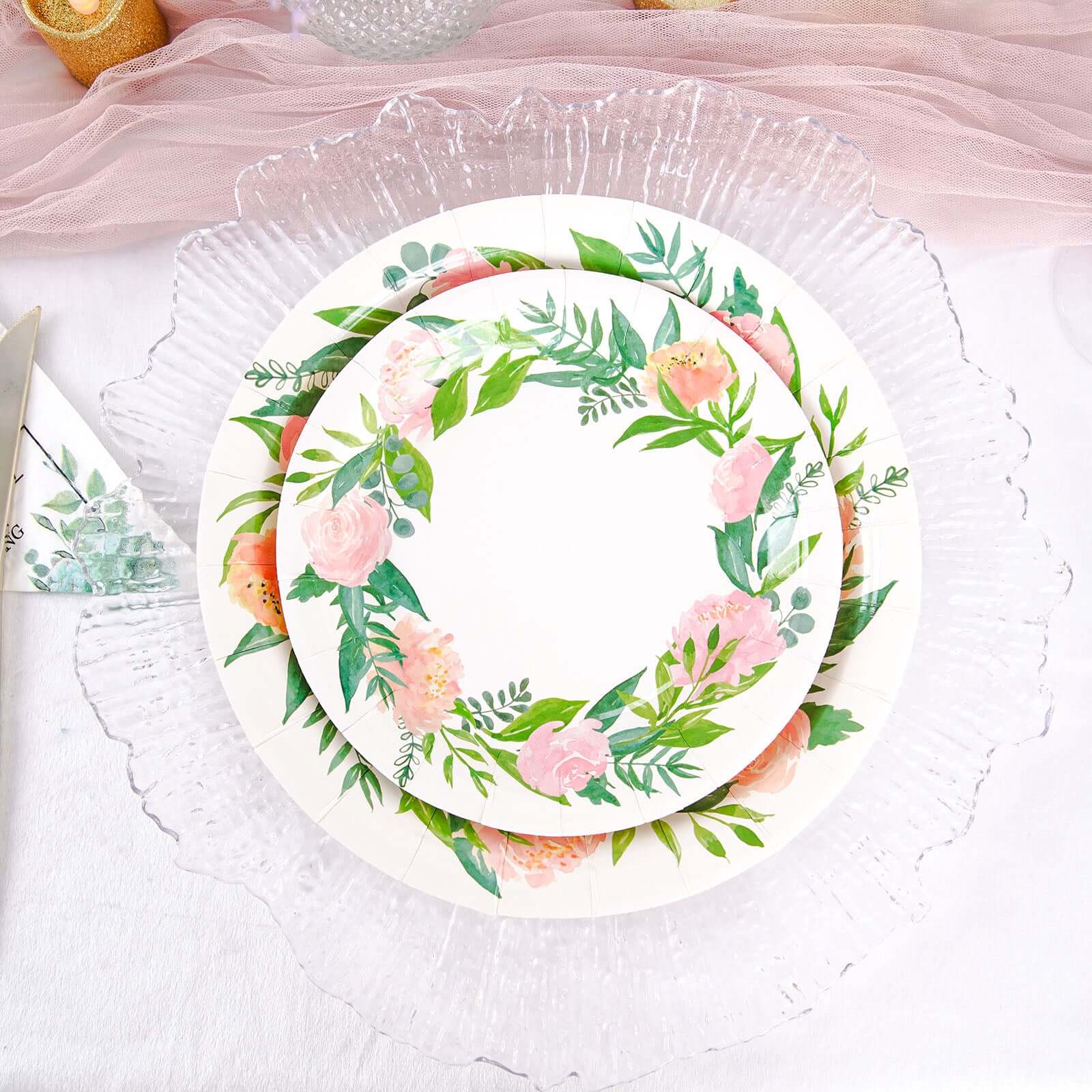 25-Pack Paper Round Dessert Plates 7" White with Rose/Peony Flower Wreath - Disposable Appetizer Salad Plates for Bridal Showers & Garden Parties - Image 11