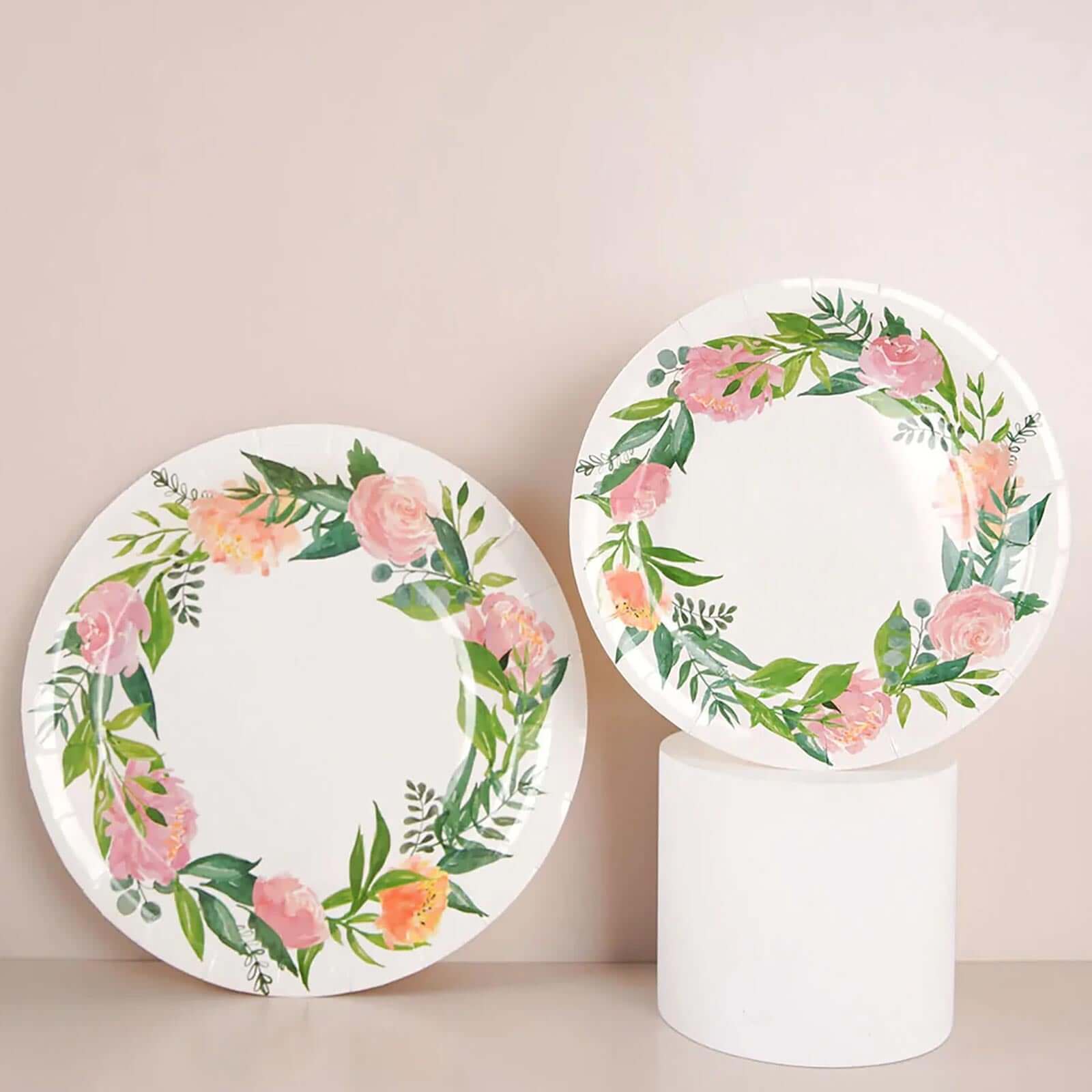25-Pack Paper Round Dessert Plates 7" White with Rose/Peony Flower Wreath - Disposable Appetizer Salad Plates for Bridal Showers & Garden Parties - Image 2