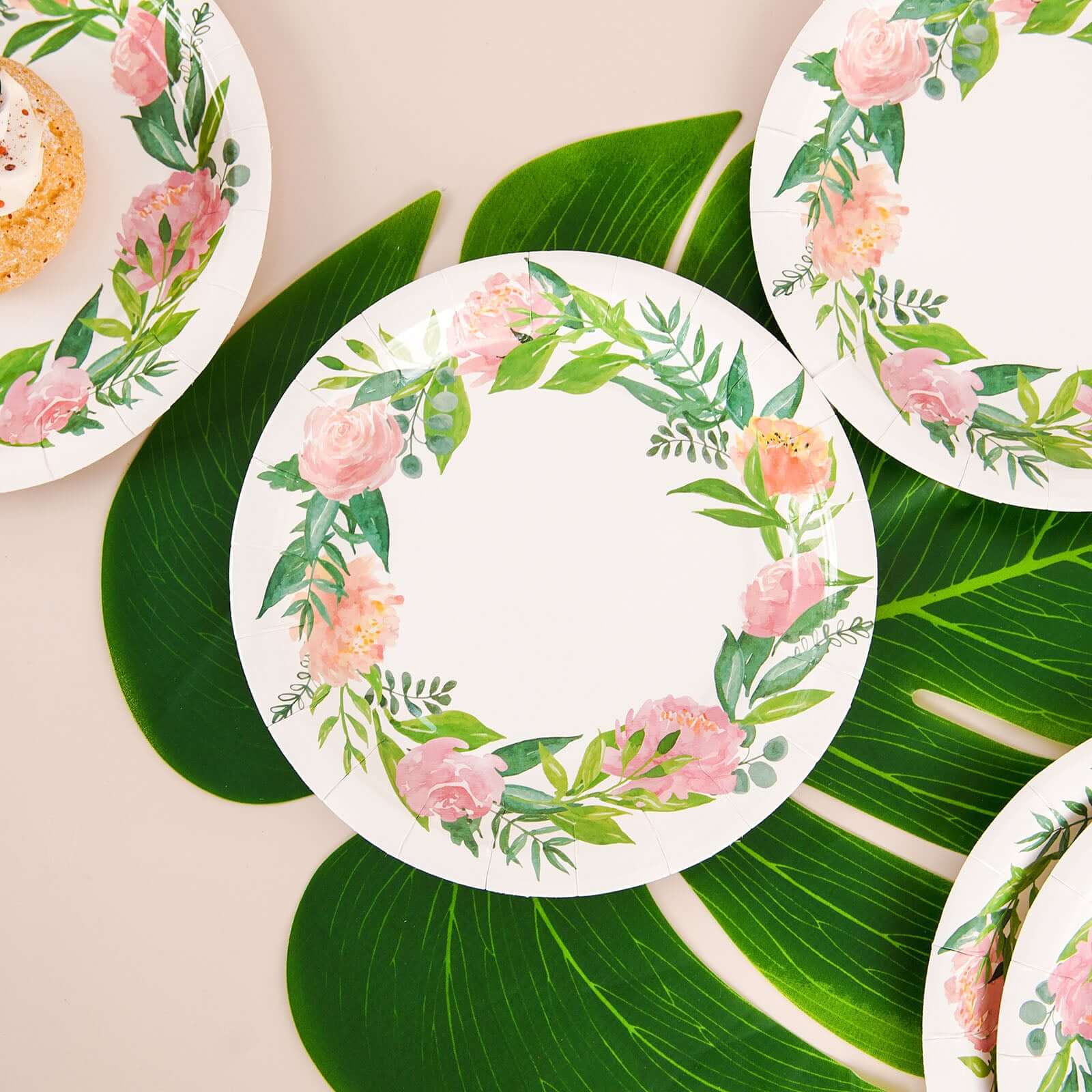 25-Pack Paper Round Dessert Plates 7" White with Rose/Peony Flower Wreath - Disposable Appetizer Salad Plates for Bridal Showers & Garden Parties - Image 3