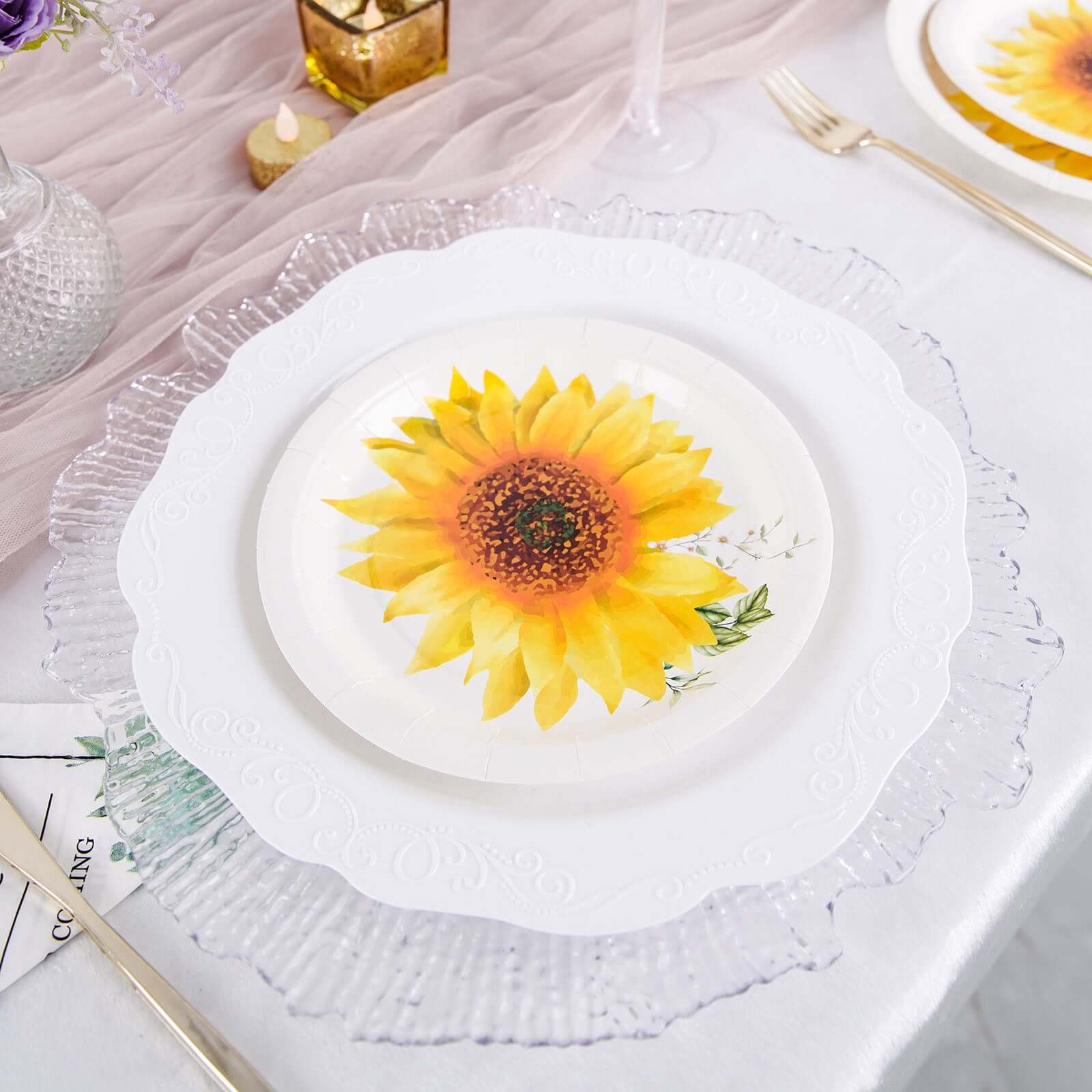 25-Pack Paper Round Dessert Plates 7" White with Sunflower Design - Disposable Salad Plates for Weddings & Bridal Showers - Image 6