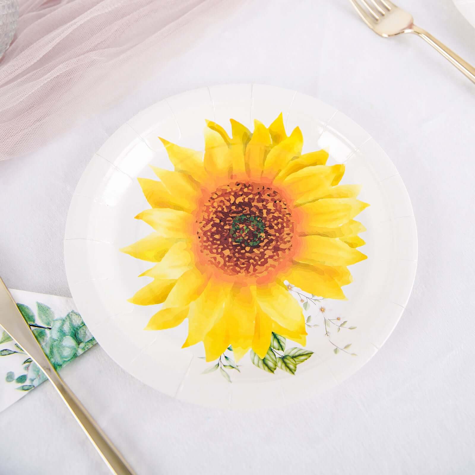 25-Pack Paper Round Dessert Plates 7" White with Sunflower Design - Disposable Salad Plates for Weddings & Bridal Showers - Image 9