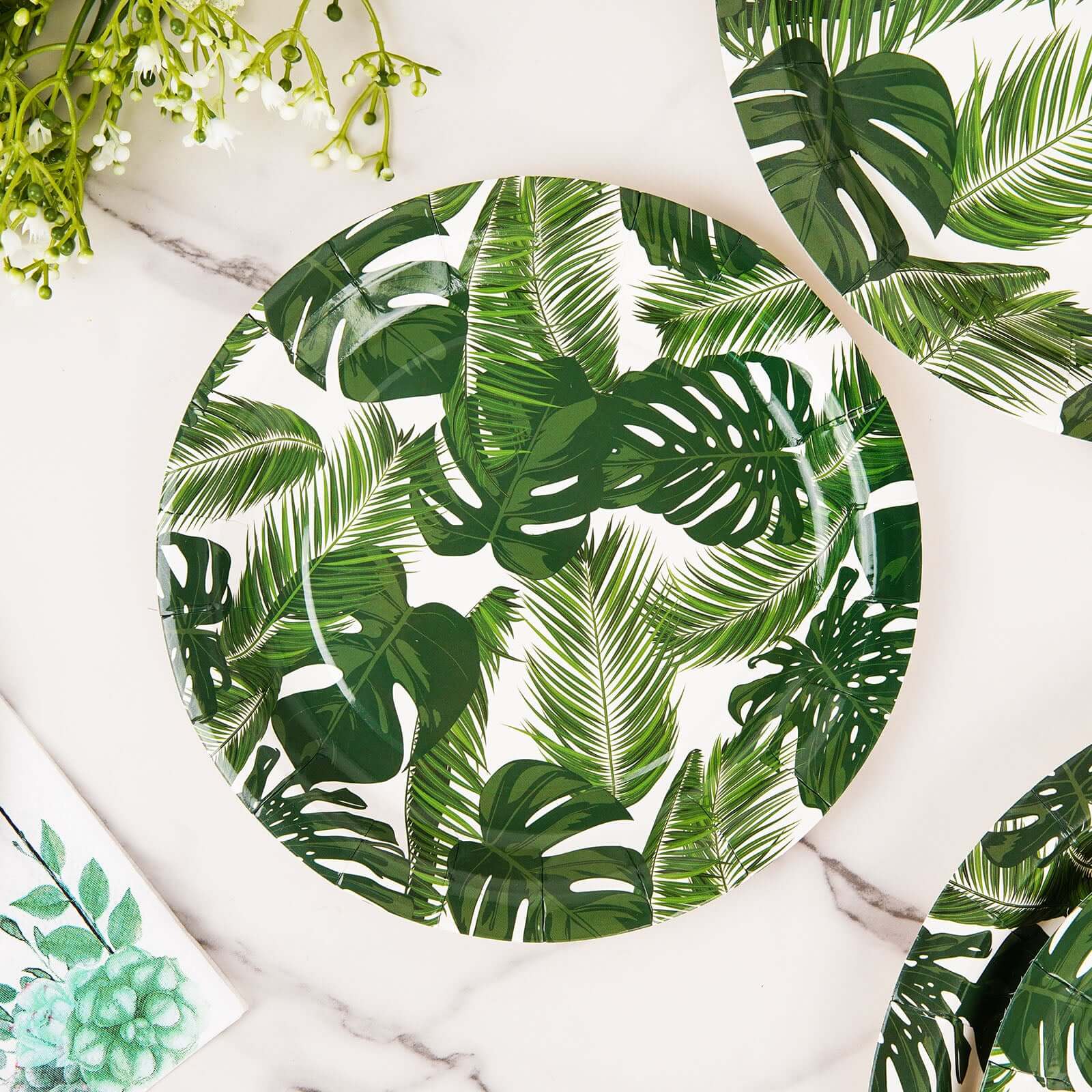 25-Pack Paper Round Dessert Plates 7" White with Tropical Palm Leaf Design - 300GSM Disposable Appetizer Salad Plates for Luau & Summer Gatherings - Image 2
