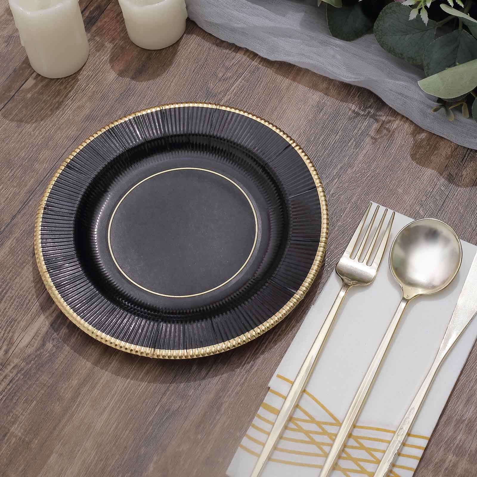 25-Pack Paper Round Dessert Plates 8" Black Sunray Design with Gold Rim - 350GSM Heavy Duty Disposable Appetizer Salad Plates - Image 8