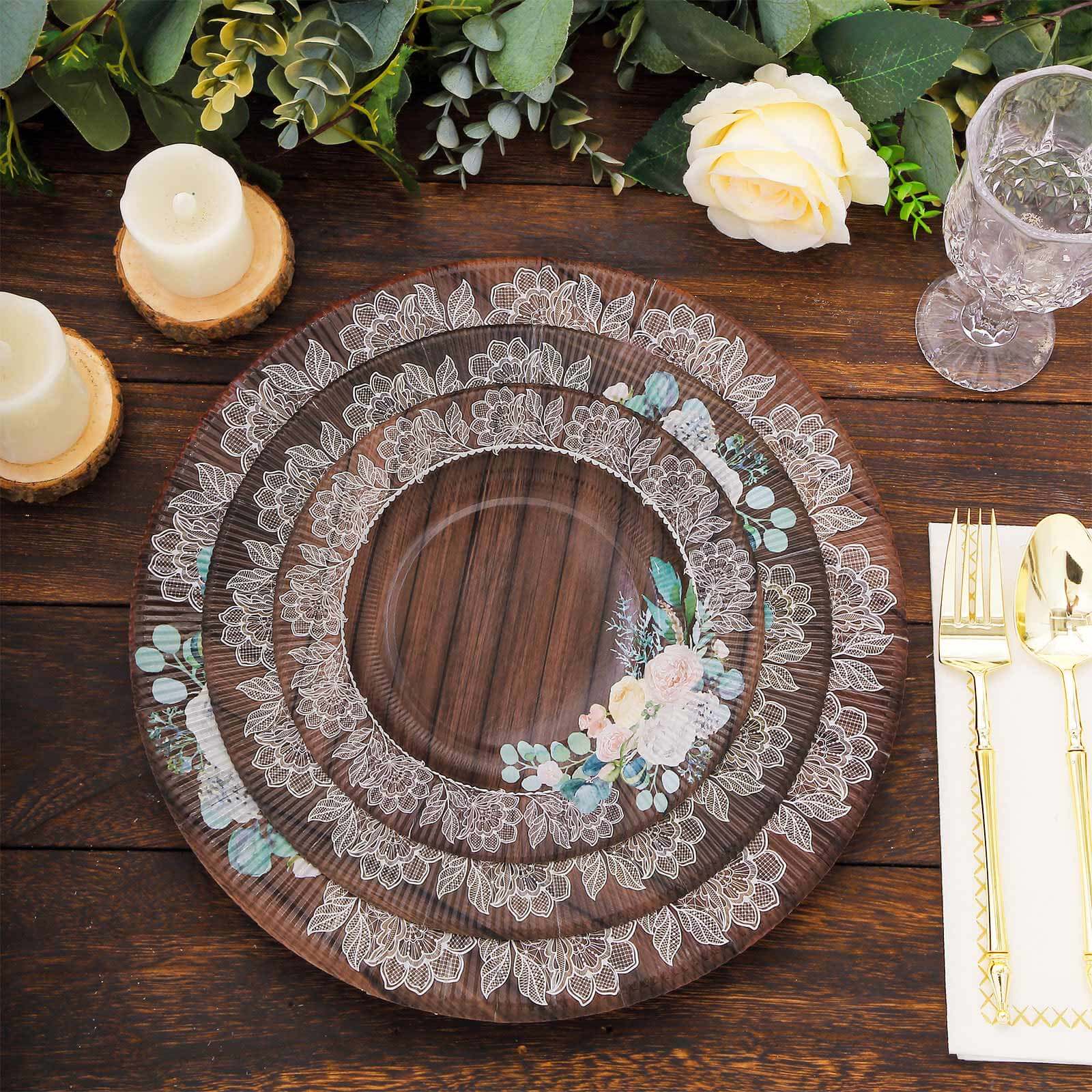 25-Pack Paper Round Dessert Plates 8" Brown Wood Print with Floral Lace Rim - Disposable Salad Appetizer Plates for Rustic Themes & Celebrations - Image 10