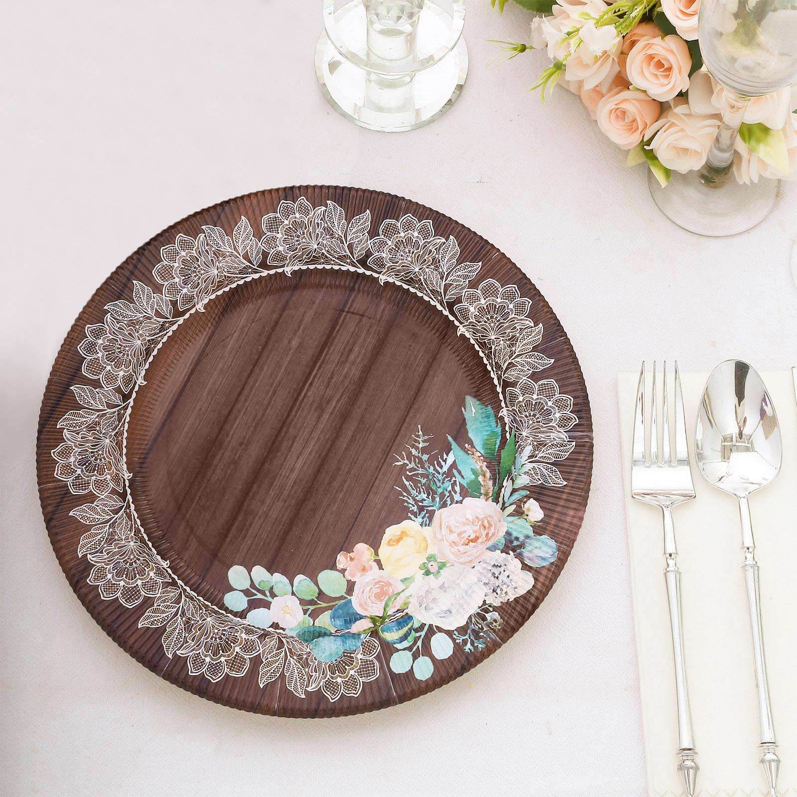 25-Pack Paper Round Dessert Plates 8" Brown Wood Print with Floral Lace Rim - Disposable Salad Appetizer Plates for Rustic Themes & Celebrations - Image 11