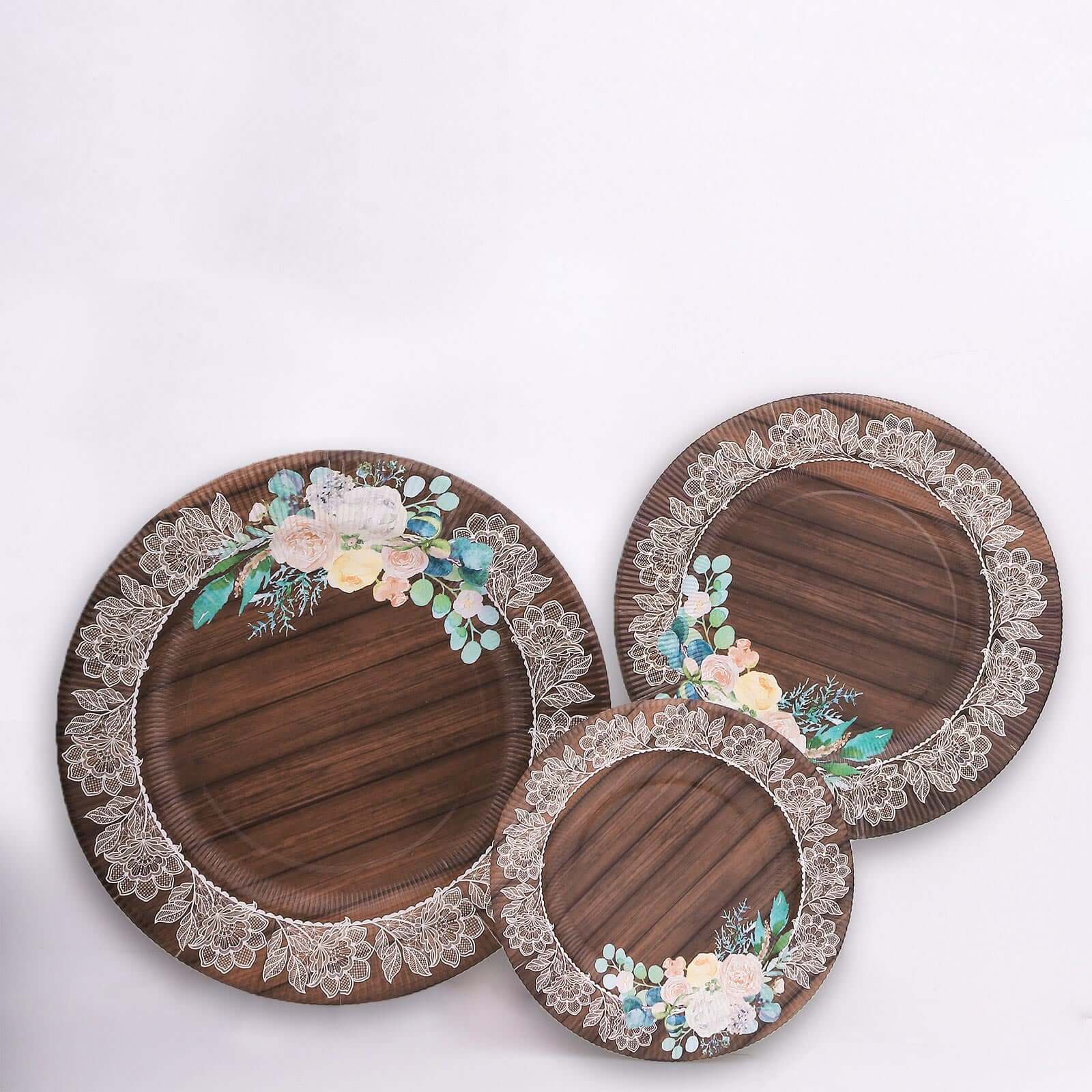 25-Pack Paper Round Dessert Plates 8" Brown Wood Print with Floral Lace Rim - Disposable Salad Appetizer Plates for Rustic Themes & Celebrations - Image 2