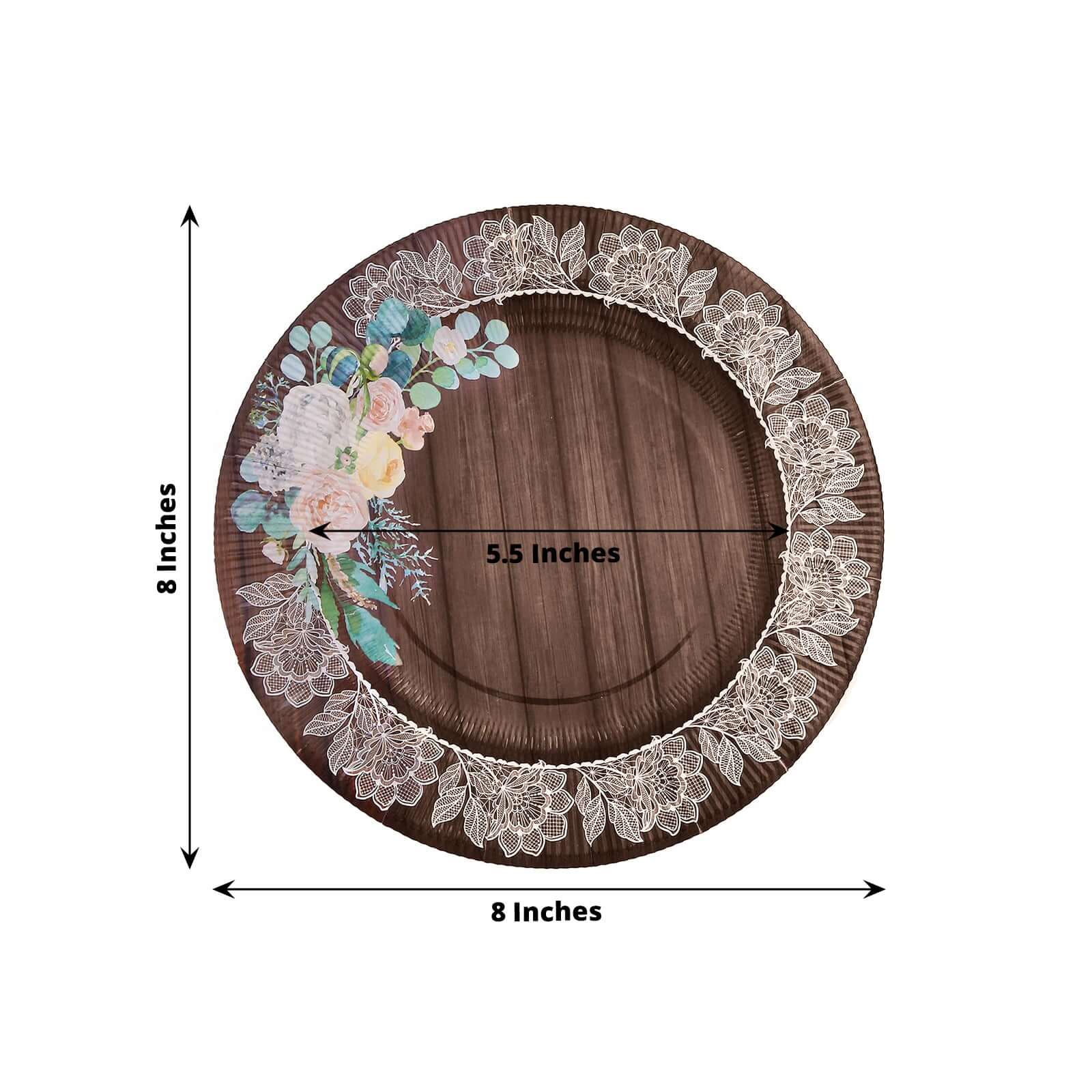 25-Pack Paper Round Dessert Plates 8" Brown Wood Print with Floral Lace Rim - Disposable Salad Appetizer Plates for Rustic Themes & Celebrations - Image 3
