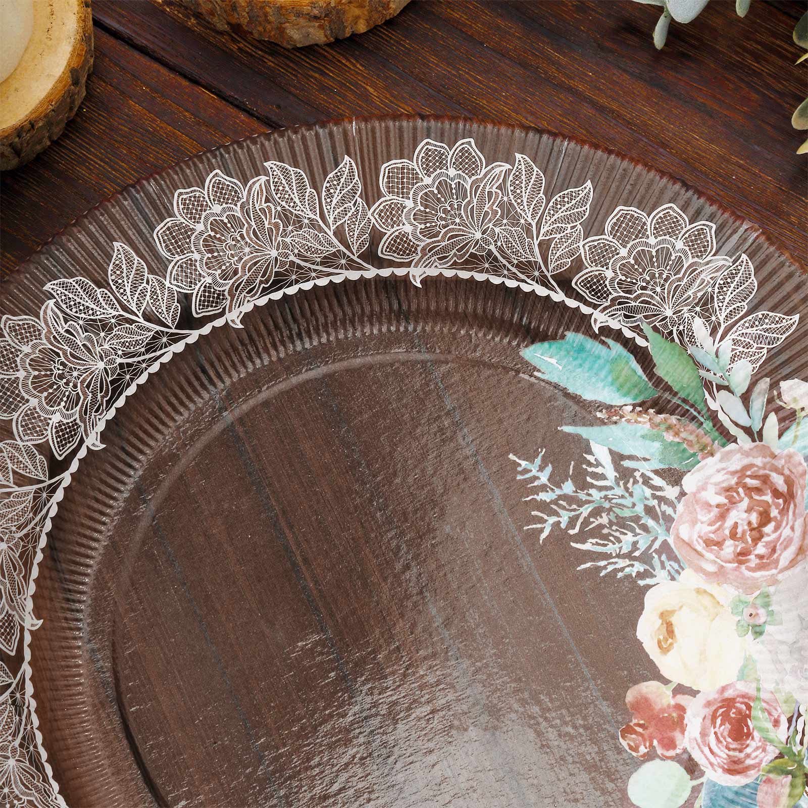 25-Pack Paper Round Dessert Plates 8" Brown Wood Print with Floral Lace Rim - Disposable Salad Appetizer Plates for Rustic Themes & Celebrations - Image 4