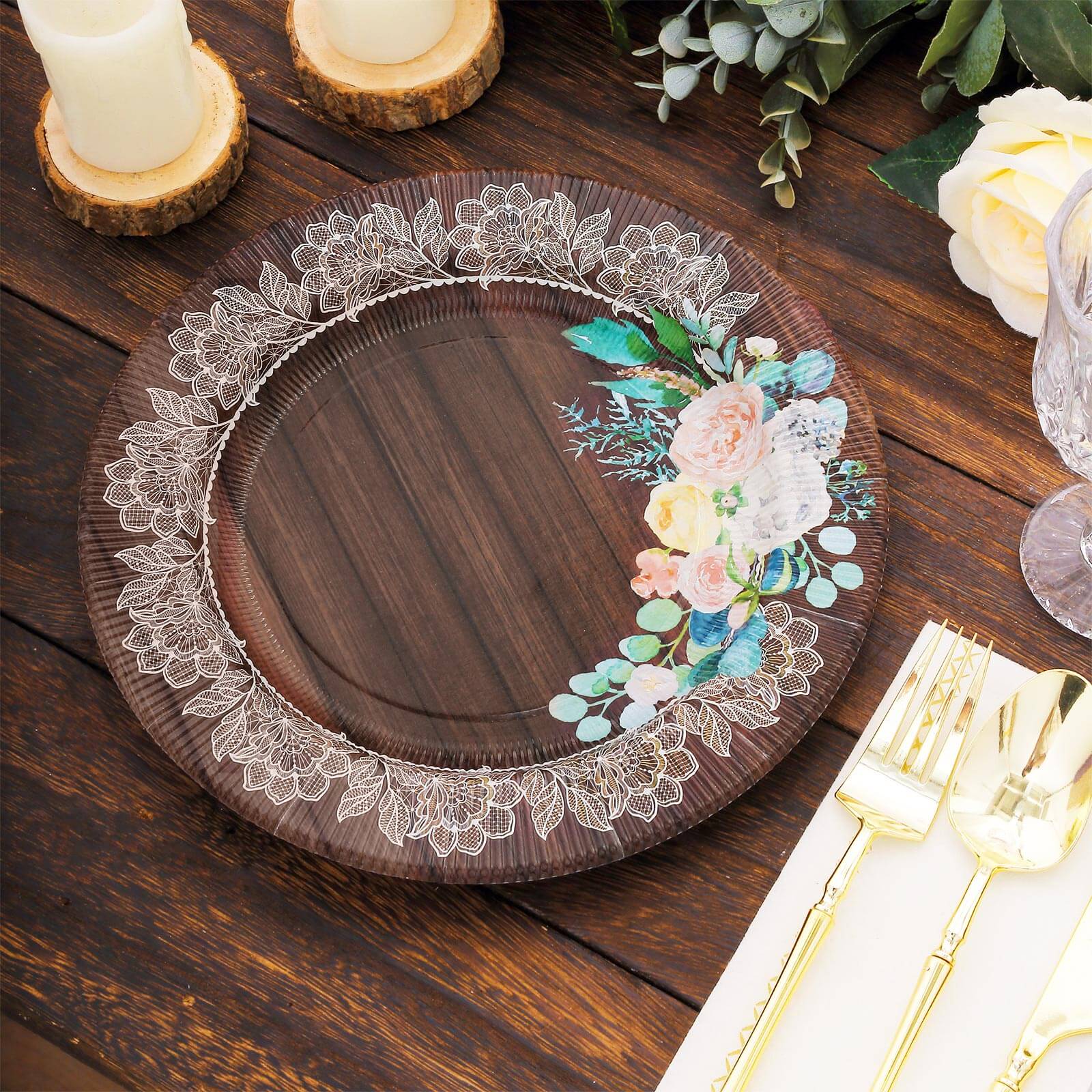 25-Pack Paper Round Dessert Plates 8" Brown Wood Print with Floral Lace Rim - Disposable Salad Appetizer Plates for Rustic Themes & Celebrations - Image 8
