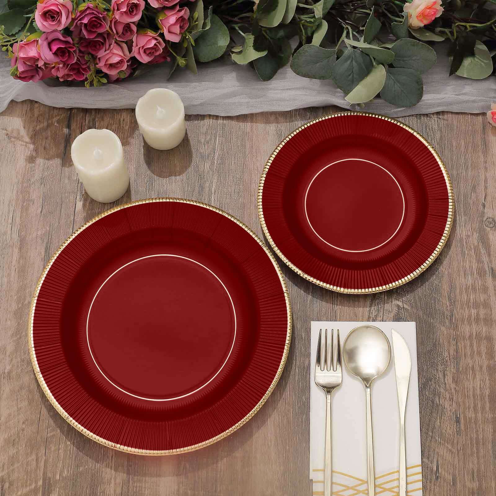 25-Pack Paper Round Dessert Plates 8" Burgundy Sunray Design with Gold Rim - 350GSM Heavy Duty Disposable Appetizer Salad Plates - Image 10
