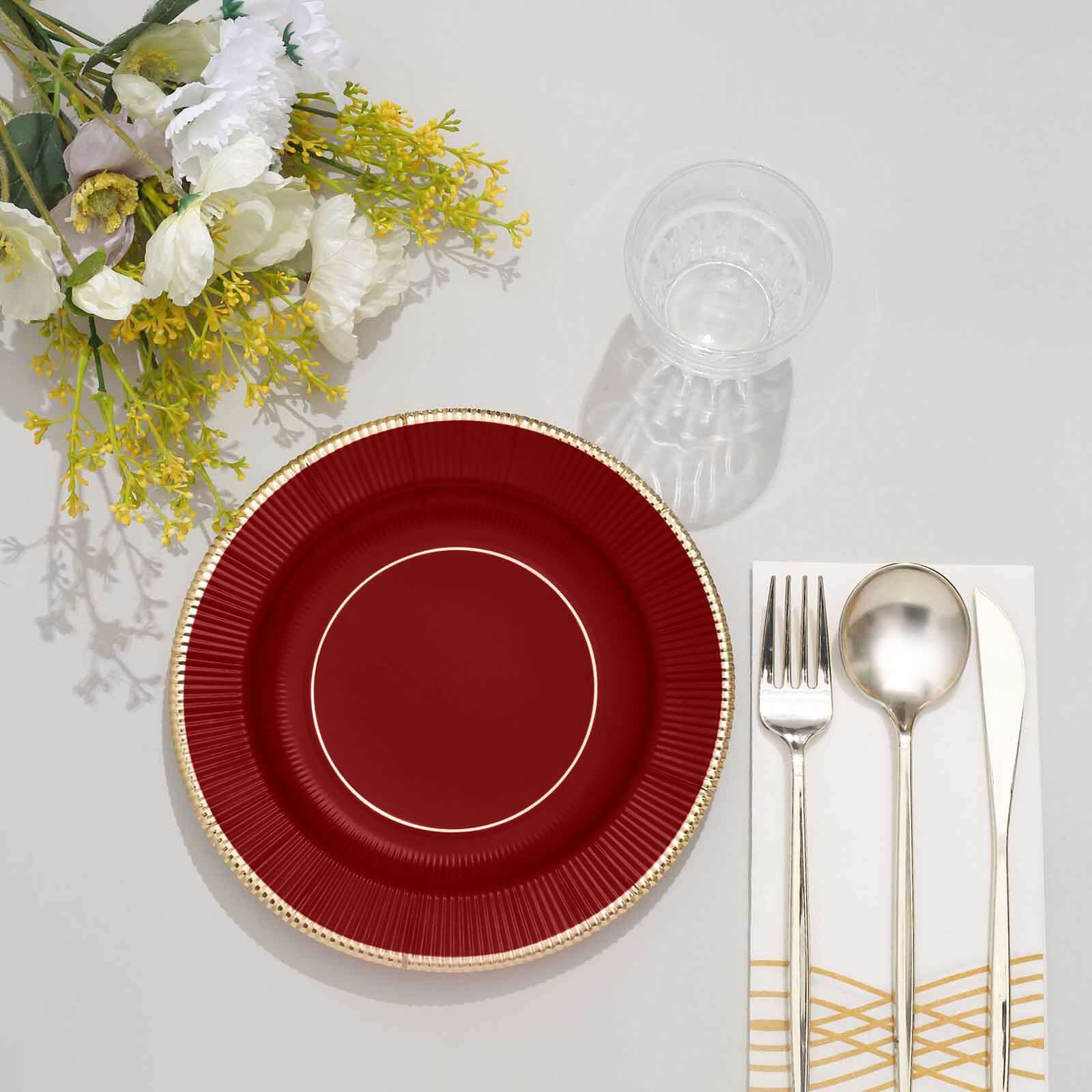 25-Pack Paper Round Dessert Plates 8" Burgundy Sunray Design with Gold Rim - 350GSM Heavy Duty Disposable Appetizer Salad Plates - Image 11