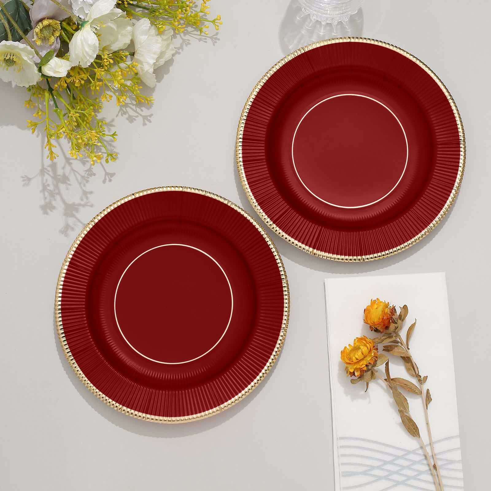 25-Pack Paper Round Dessert Plates 8" Burgundy Sunray Design with Gold Rim - 350GSM Heavy Duty Disposable Appetizer Salad Plates - Image 12